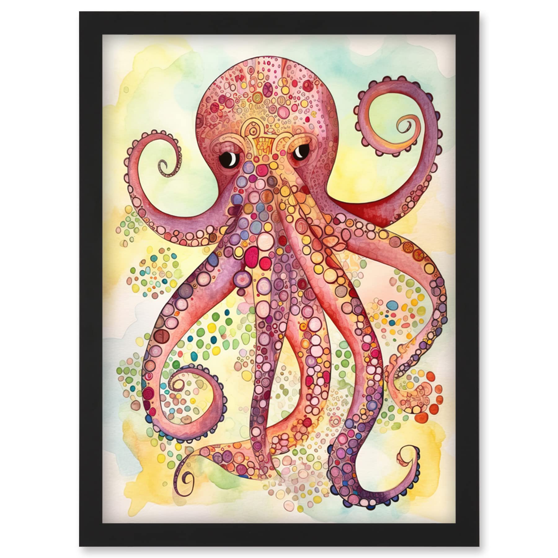 Artery8 Octopus Portrait Bright Folk Art Watercolour Painting Wall Art PrintA4 Size from B&Q