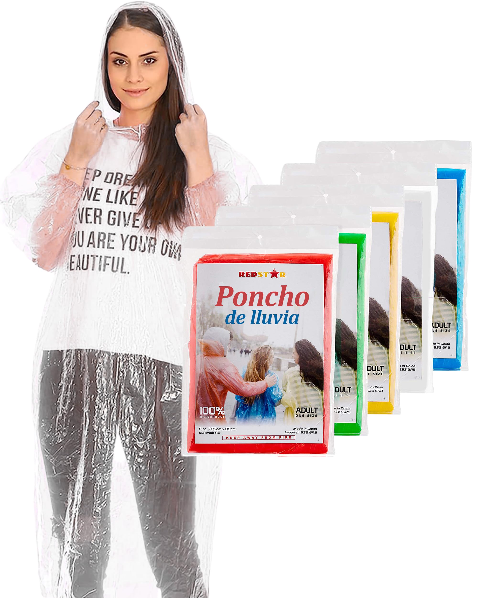 REDSTAR Waterproof Rain Ponchos Family Pack - Disposable Rain Poncho Adult Waterproof Raincoat Women and Men - Emergency Raincoat Travel and Festival Accessories - Multicolour