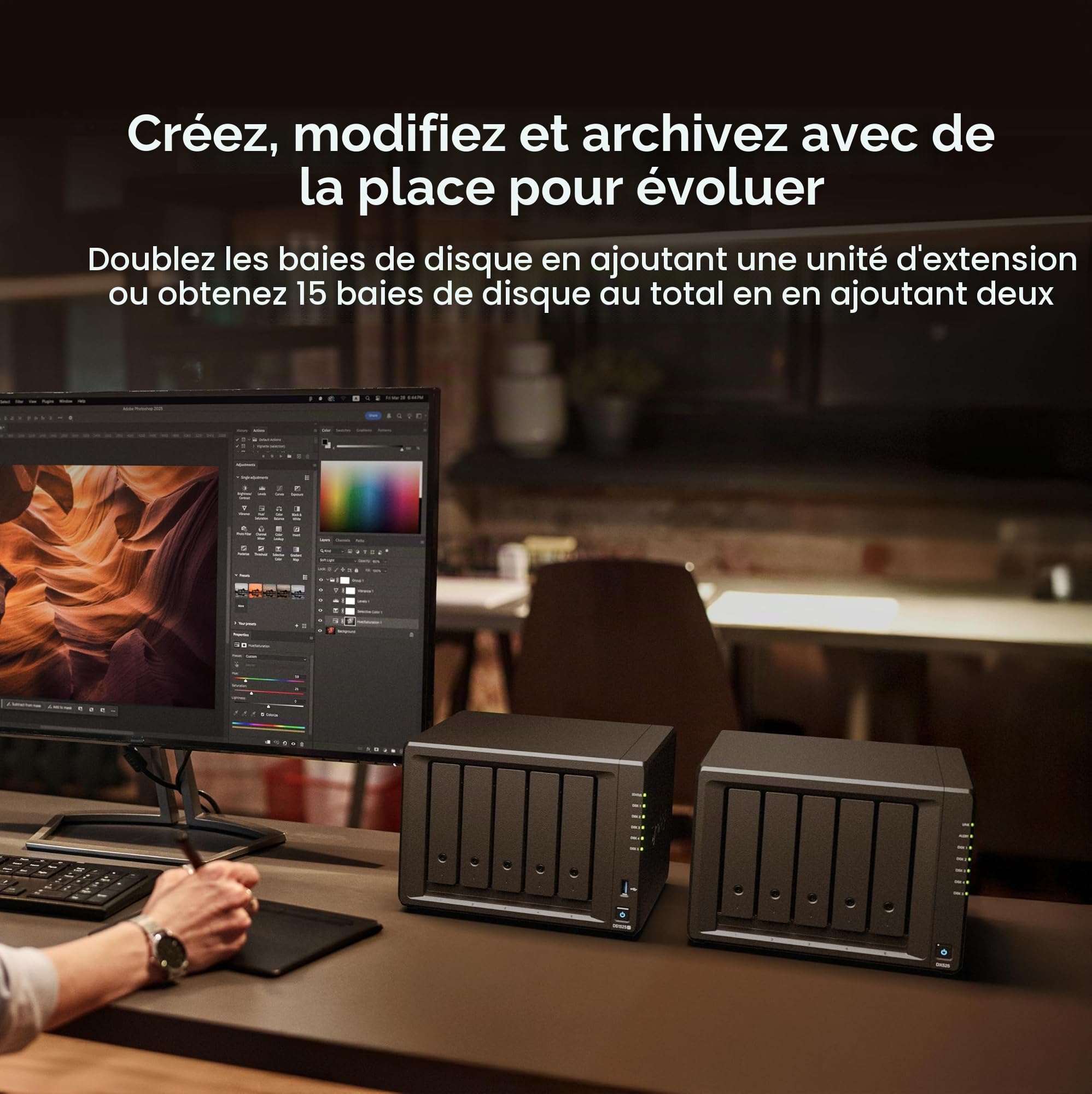Synology Kit NAS Extensible à 5 Baies DS1525+ AMD RyzenCPU avec 8 Go de mémoire, utilisateurs Standard 2,5 GbE, revendeur autorisé Domestique, Field Lake, Support téléphonique, DiskStation