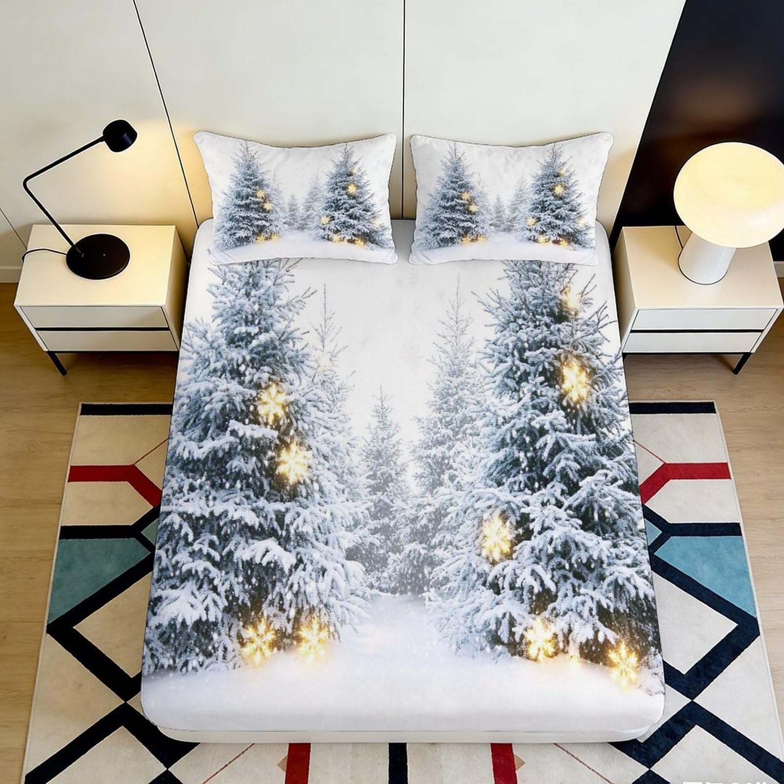 3D Printed Snowy Pine Forest Fitted Sheet Microfiber Soft Winter Landscape Bed Cover for Bedroom Guest Room Decor 90x200x25cm