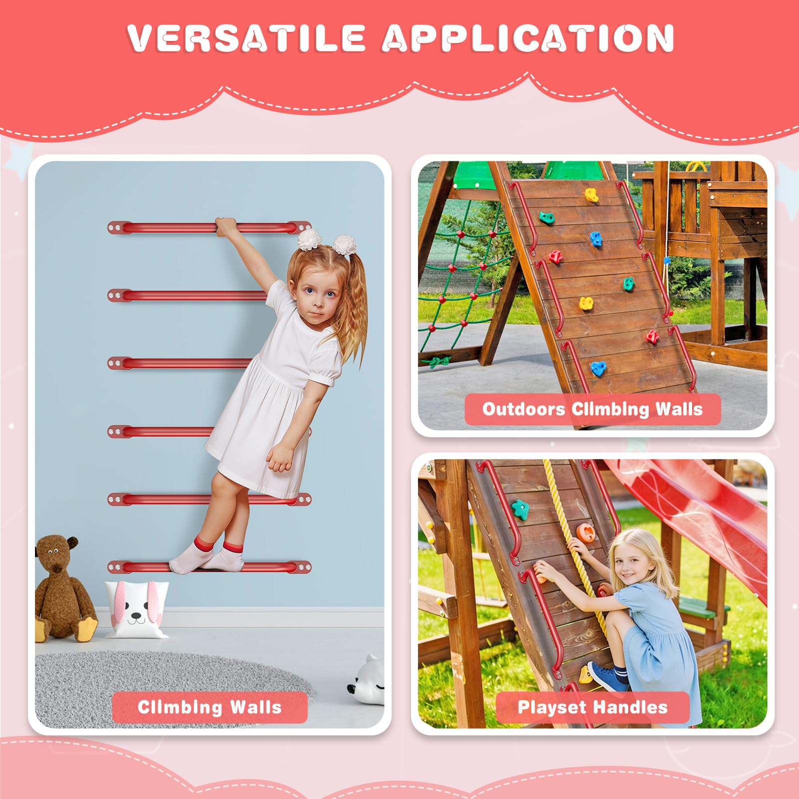 Dolibest Haltegriffe Kinder Klettergiffe Hangelgriffe 73cm/Flache Rot | Klettergerüst Spielplatz Schaukel Monkey Bar Sprossenwand Kletterleiter Treppenhandlauf WC Bad Dusche,159kg,Φ2.5cm,2er