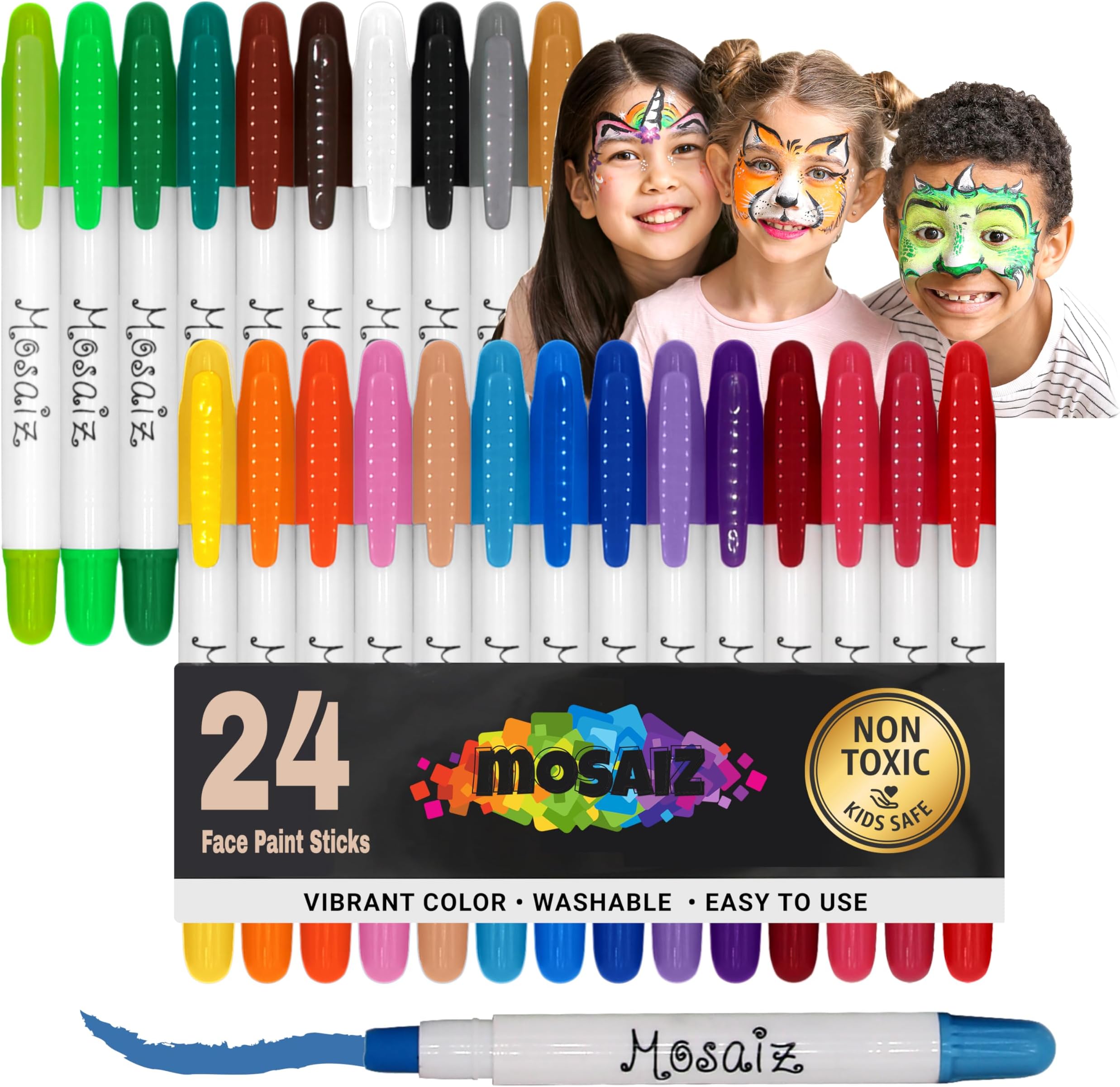 Mosaiz Face Painting Kits for Kids, 24 Colors Water Based Face Paint Kit, Twistable and Washable Paint Sticks for Festival, Birthday, Purim, Halloween, Cosplay Makeup and Body Paints for Adults