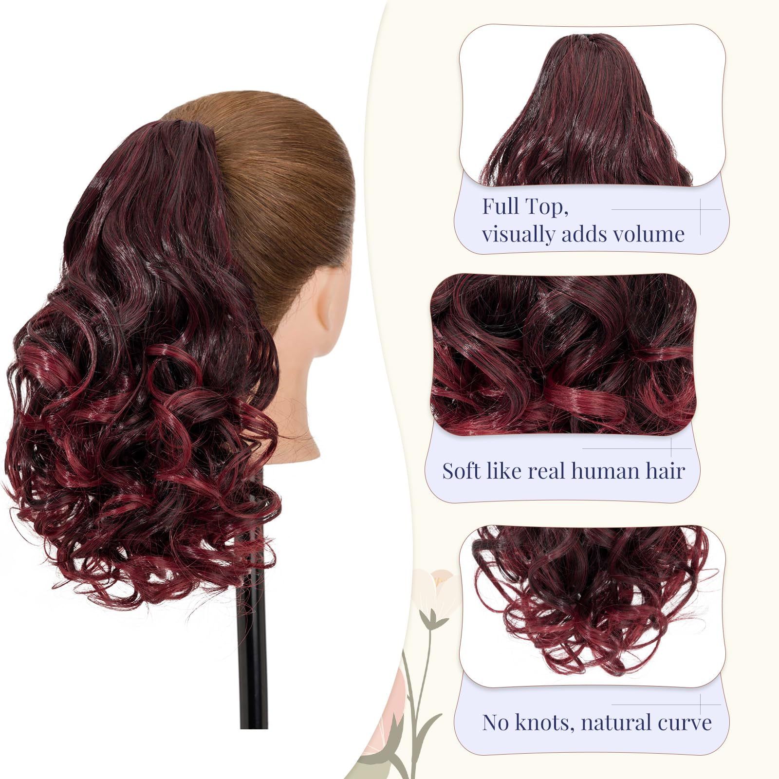TESS Claw On Ponytail Extension Matte Material 14 Inch/37cm Curly Wavy Clip In Pony tail Synthetic Hairpiece, Burgundy Gradient - Image 3