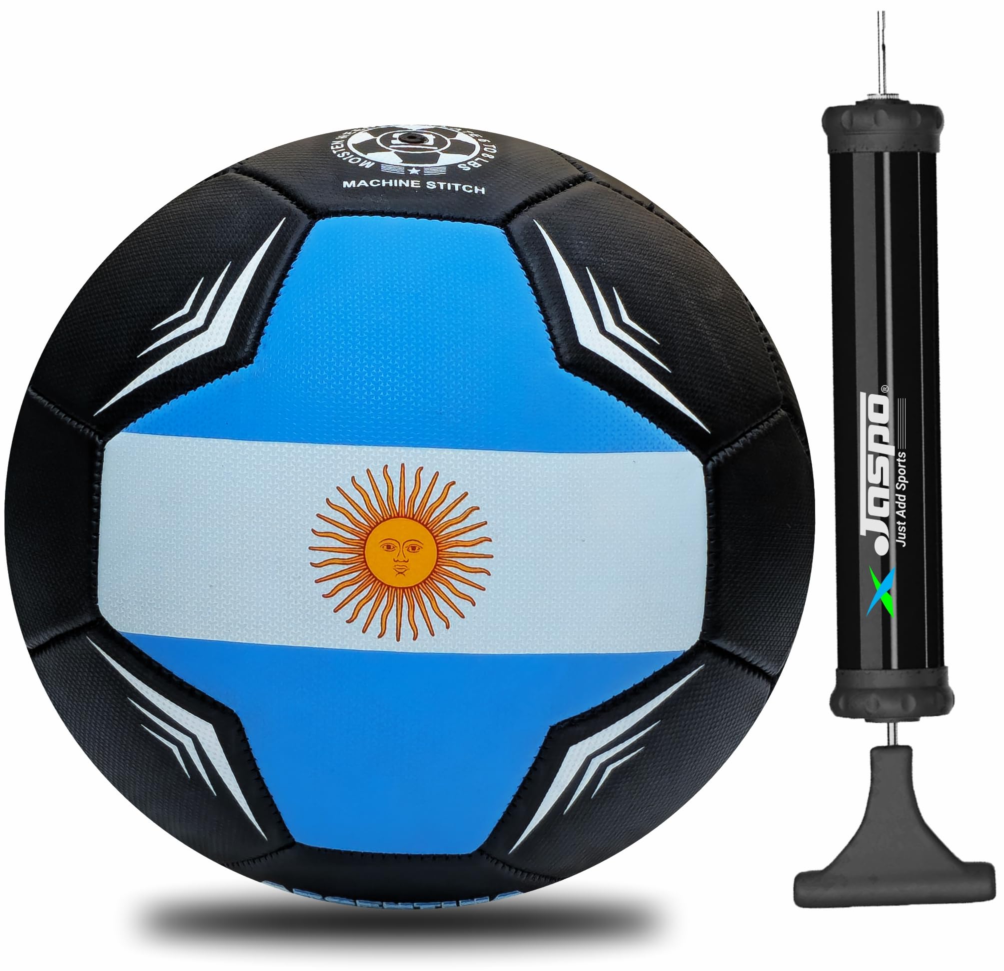 jaspo Soccer Champ Football, Tpu Material, Machine Stitched, Size 5, Under 12 Years Age Group, 6 To 8 Lbs Inflation (Football+Pump, Argentina) black