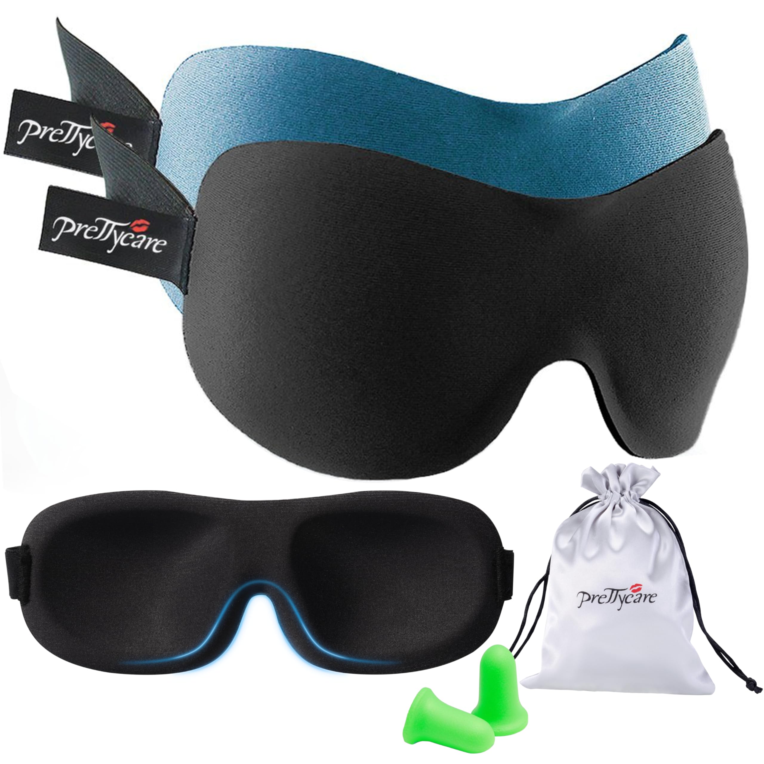 PrettyCare 3D Sleep Mask 2 Pack,Eye Mask for Sleeping 3D Contoured Sleeping Mask Blackout Out Light - Blindfold Airplane with Ear Plugs, Night Masks with Travel Bag (A-Black&Blue)