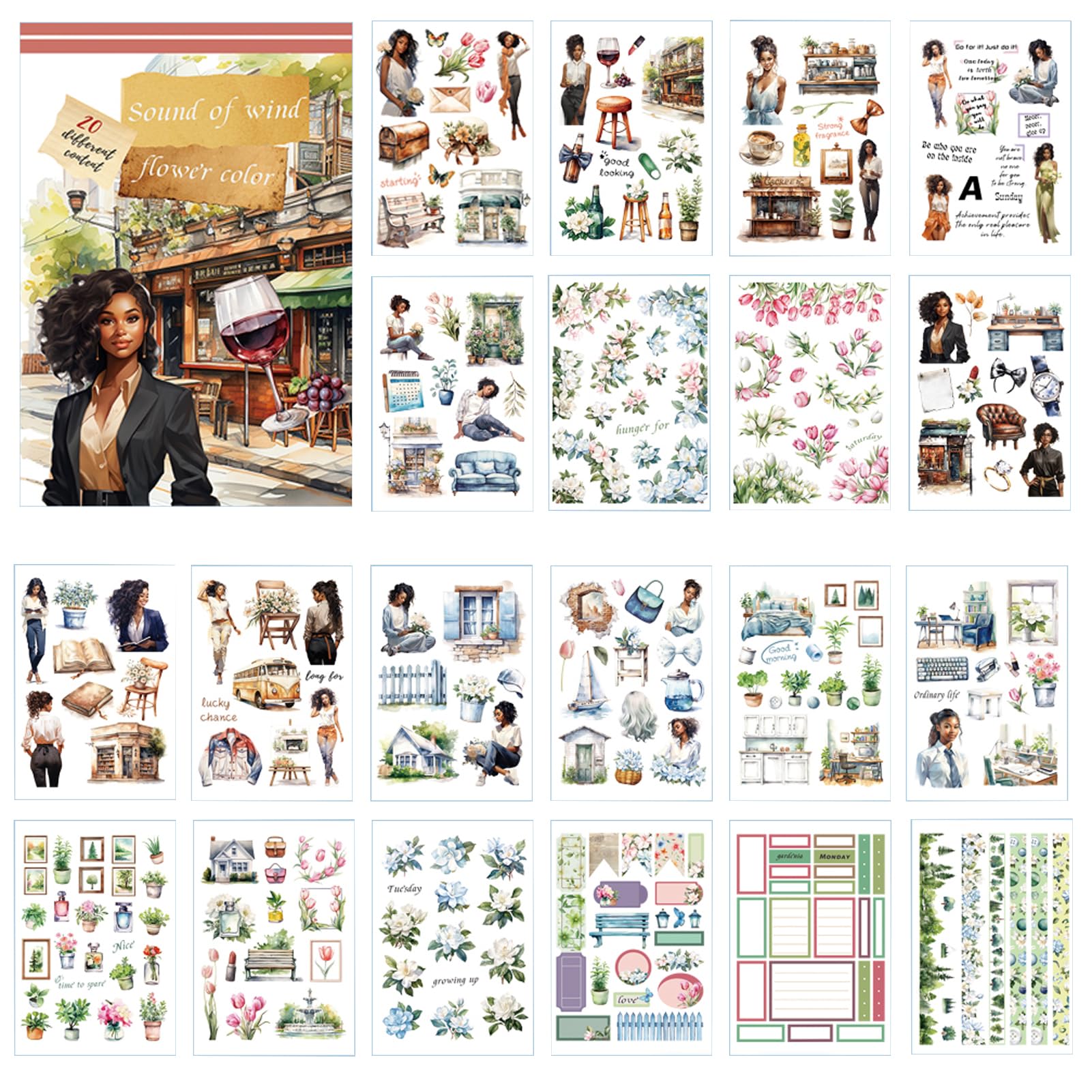 Książka z naklejkami w stylu vintage, efemeryda, 20 arkuszy, wstępnie wycięta książka z naklejkami do scrapbookingu, podwójne naklejki PET i Washi na artykuły do dziennika śmieci, naklejki z kwiatami