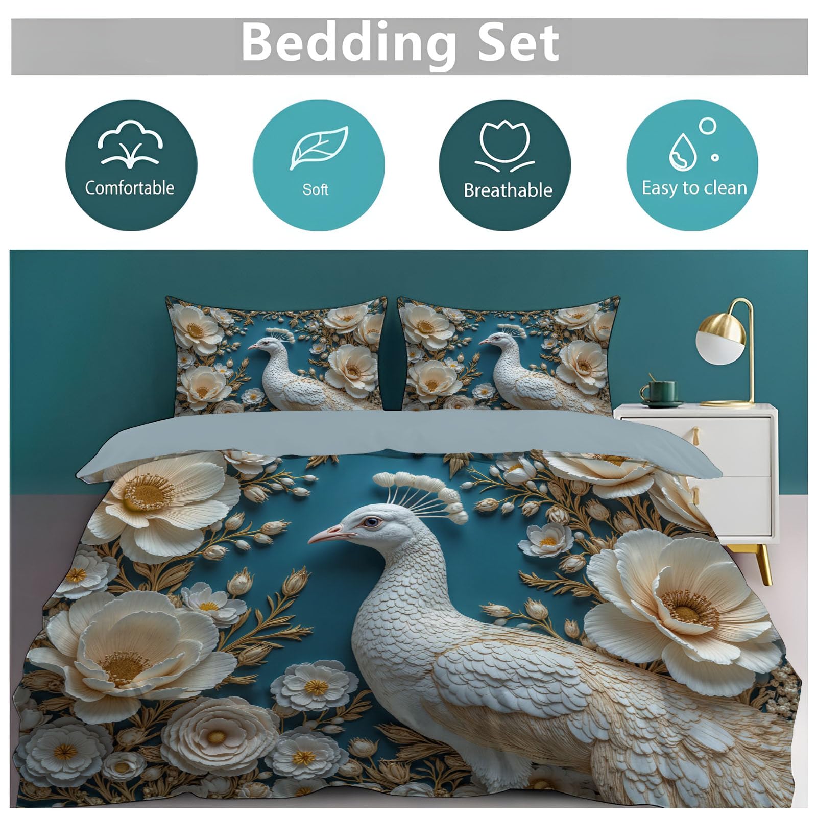 Copripiumino Matrimoniale Lusso Sollievo Floreale, Set di Biancheria da Letto Microfibra 3 Pezzi, Parure Copri Piumino 220x240cm e 2 Federa 50x75, Bianco Copritrapunta con Cerniera
