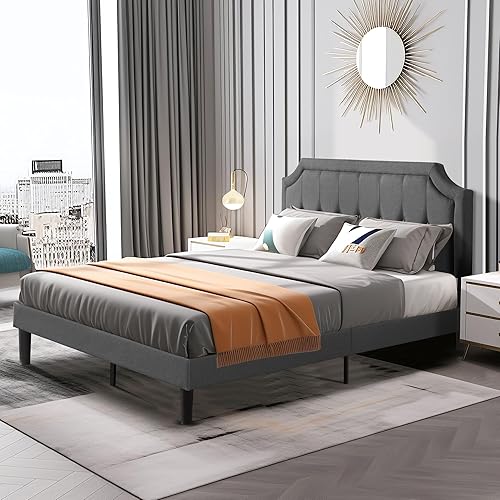 Miniatura 4 de VECELO Base de cama tapizada con cabecera ajustable, soporte de listones de madera, no necesita somier, estilo moderno, tamaño matrimonial