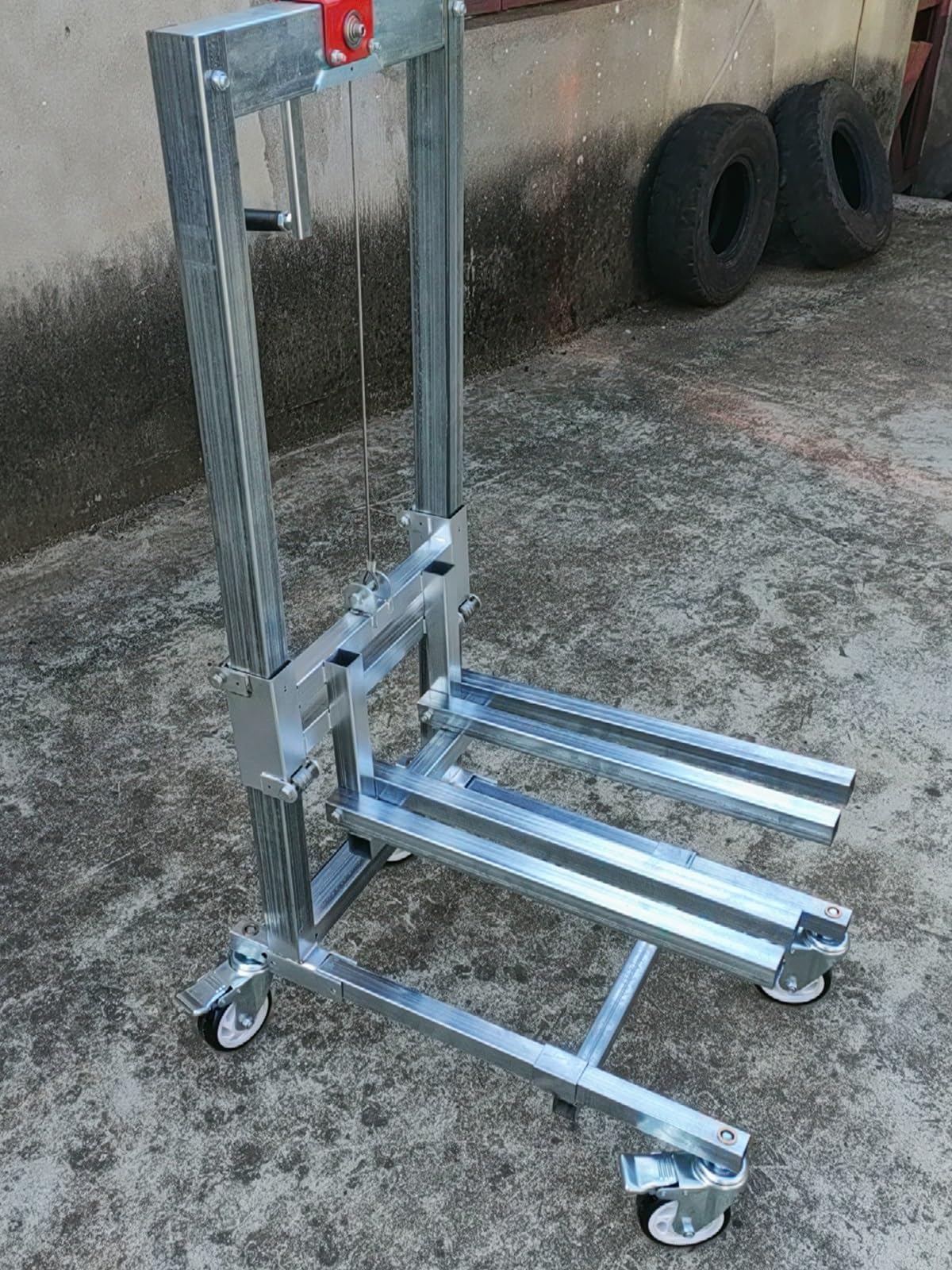 GZGHRZQS Winch Stacker Forklift, Foldable Material Lift Crane, 130 Lbs Capacity Hand Crank System, 33. Adjustable Height, Swivel Wheels for Warehouse Dock