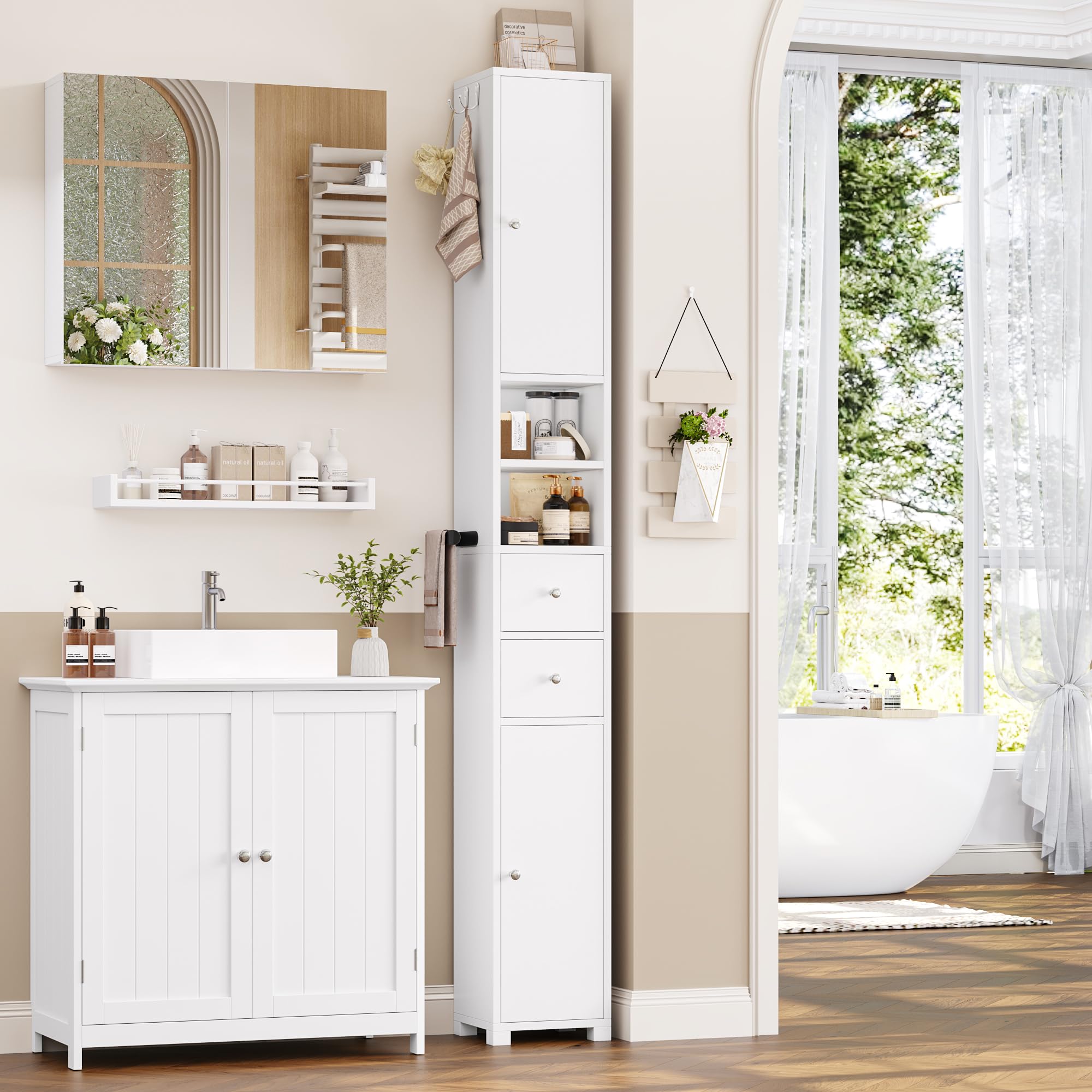 FOREHILL 181.5cm Armario Alto de Baño Armario Baño Columna Mueble Baño Estrecho, con 2 Puertas, 2 Cajones, 2 Compartimentos Abiertos, Estantes Ajustables para Espacios Pequeños Blanco, 20x20x181.5 cm