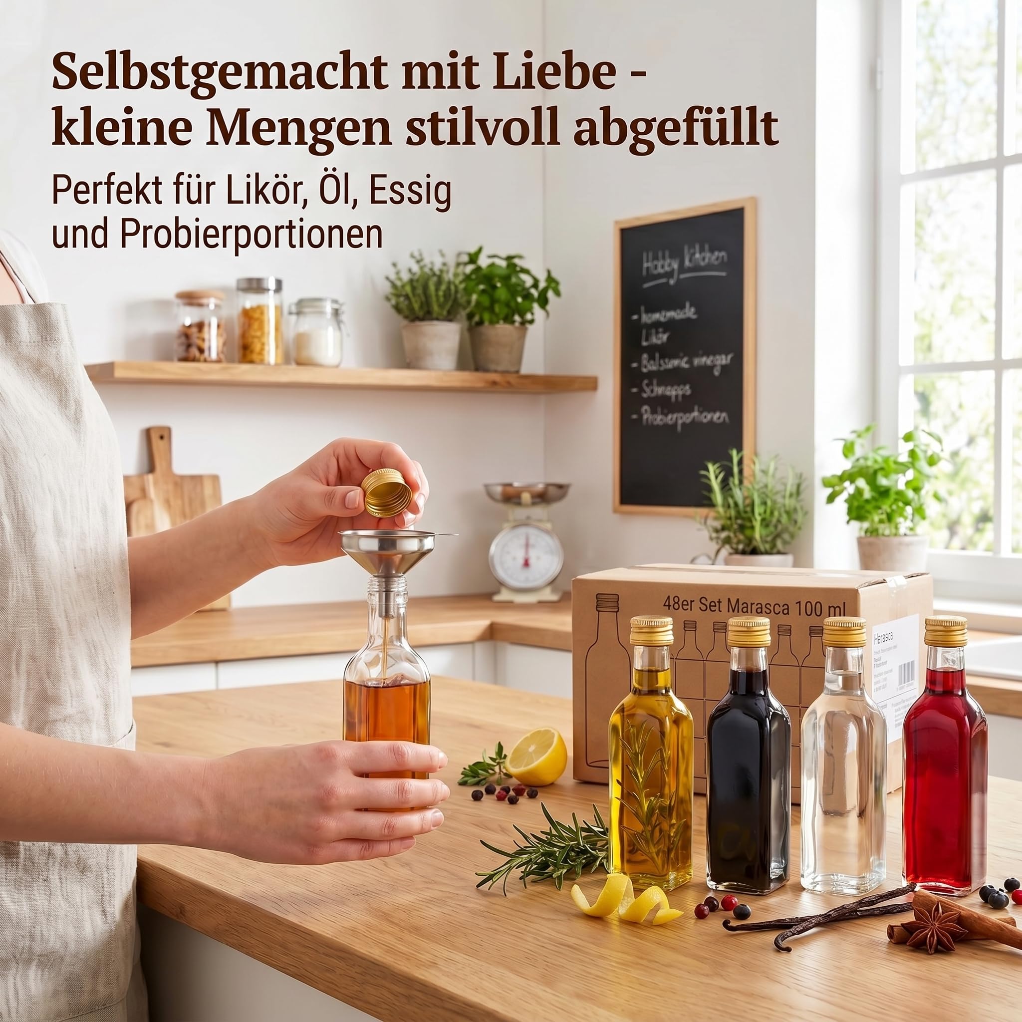 gouveo Lot de 48 bouteilles en verre Maraska (0,10 l) avec bouchons à vis dorés, flacons carrés pour liqueur sirop huile vinaigre PP 24 (MFET100G)