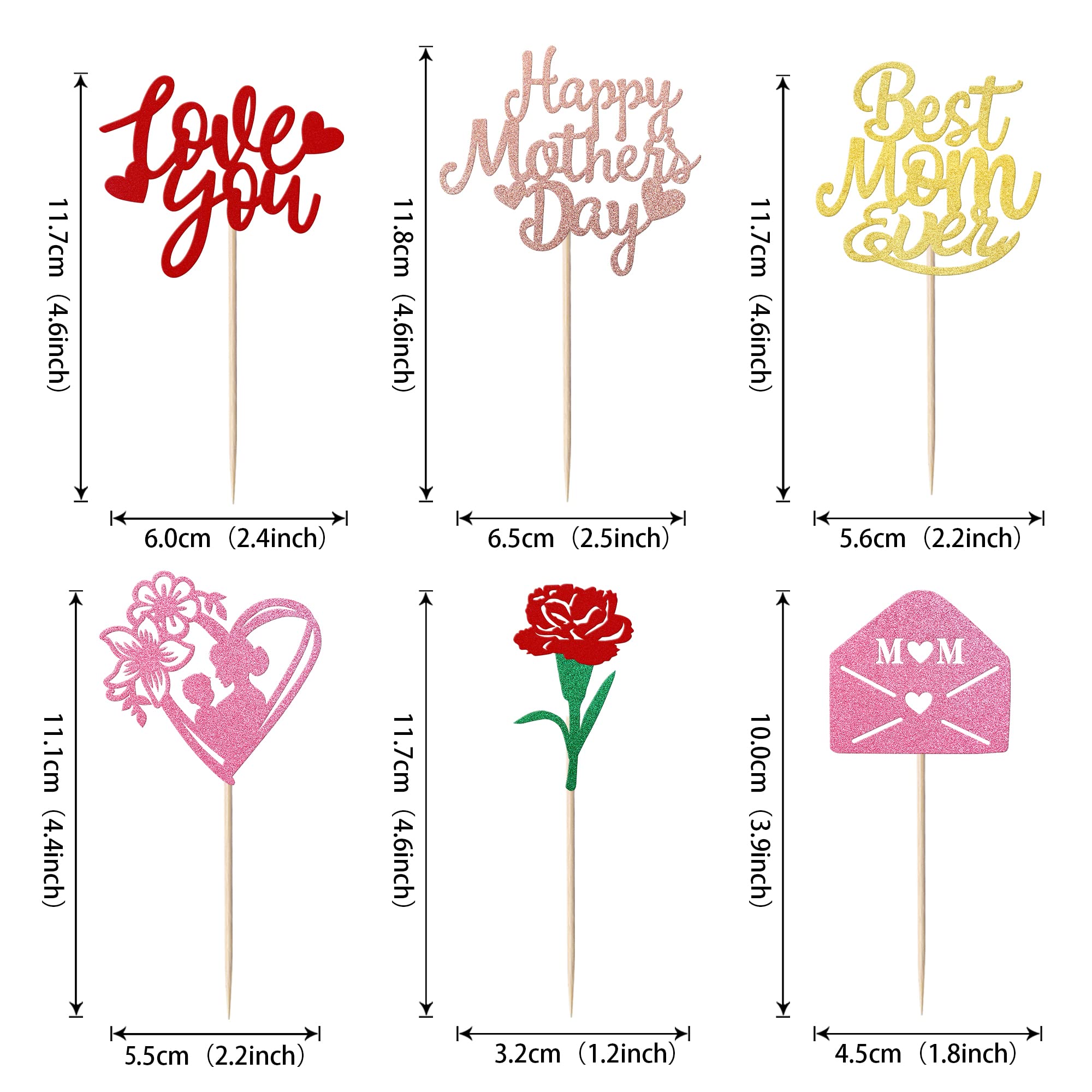 24 Stück Cupcake-Topper Für Muttertag – Glitzernde Rosen, „Love You Mom“, In Rot, Für Kuchen & Deko