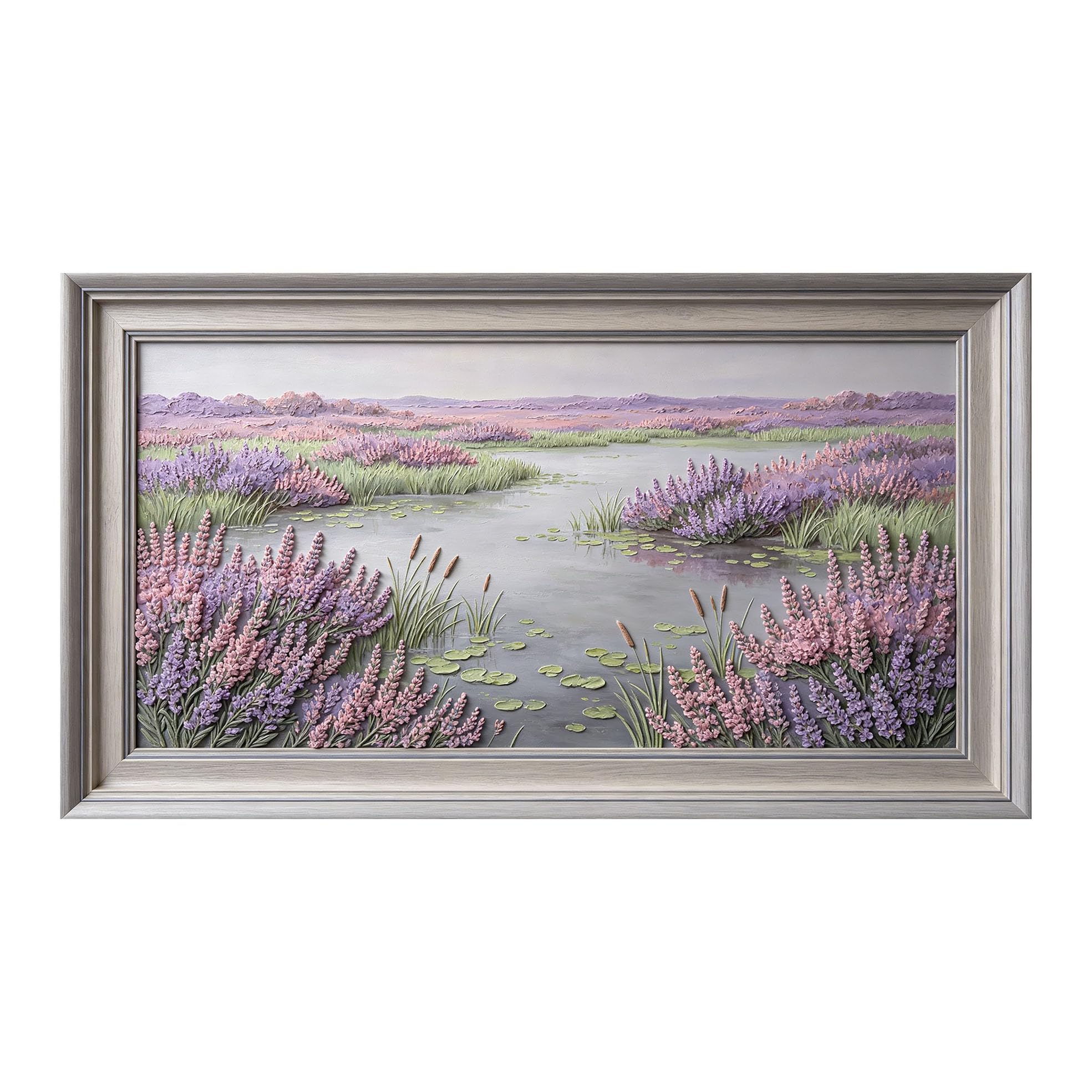 Murasolite 3D Framed Wall Art Lavender Meadow Lake Landscape Oil Painting SelfAdhesive Fabric Mural Wall Decor， Peel and Stick No Damage to Wall， AntiFall Safe Design for Bedroom Living Room