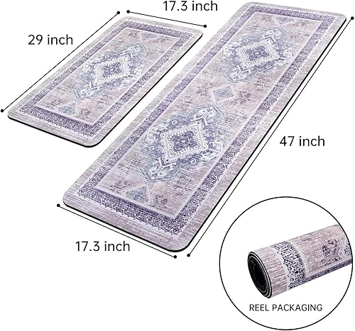 Miniatura 8 de Juego de 2 tapetes de cocina de goma antideslizante para piso, alfombras y tapetes de cocina bohemios, lavables, tapete acolchado de pie para