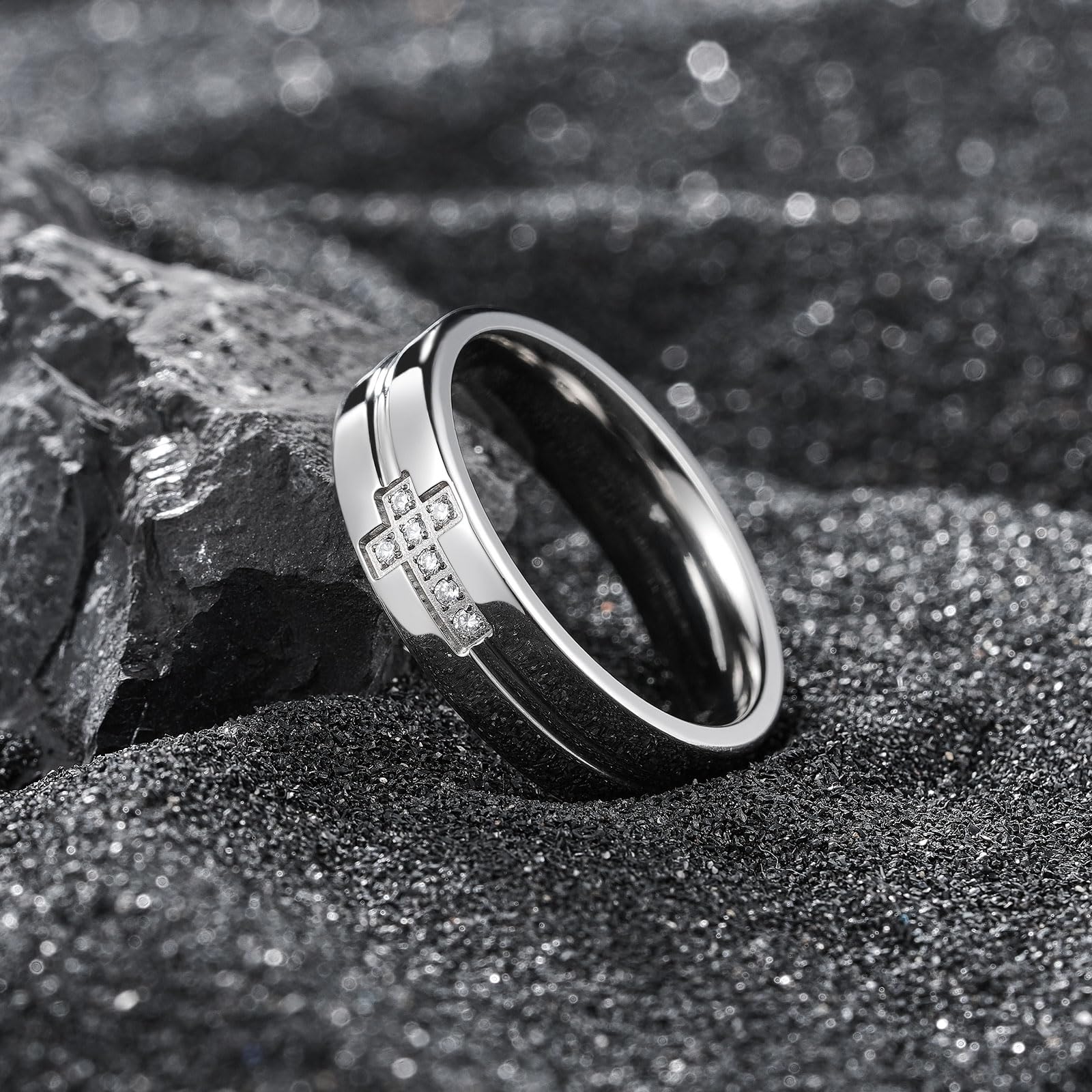 King Will Anillo de boda de titanio para hombre, 6 mm, con diseño de cruz y circonita blanca, anillo de compromiso o alianza, ajuste cómodo, elegante joyería para el día a día y fiestas 59,4 (18,9)