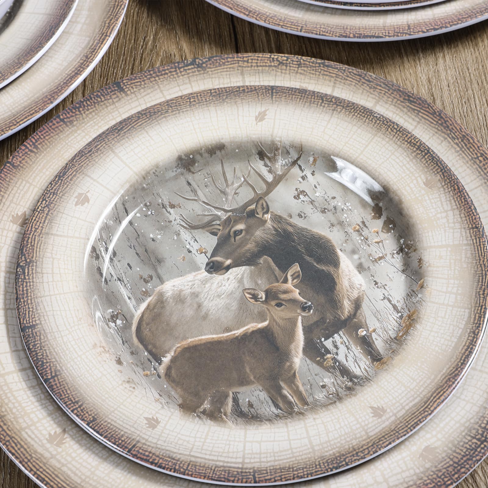 Melamin-Geschirr-Set für 4 Personen, Speiseteller, Schüsseln, 12-teilig, langlebig, BPA-frei, spülmaschinenfest, bruchsicher, splitterfest, für drinnen und draußen, Hirsch