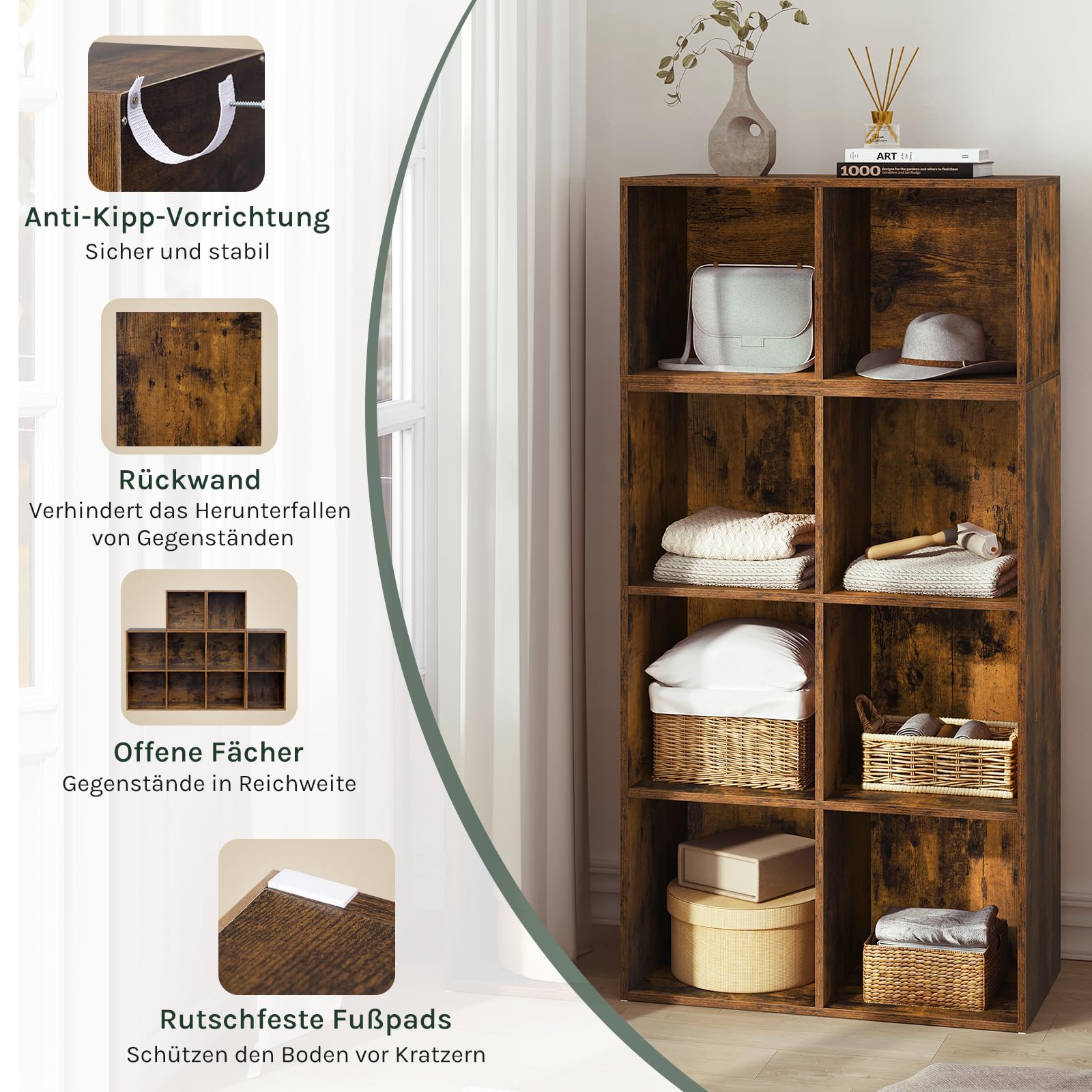 WOLTU Bücherregal, Raumteiler, Stufenregal, Treppenregal, Würfelregal, mit 10 Fächern, Standregal, Aufbewahrungsregal für Bücher Spielzeug Wohnzimmer, 120x120x30 cm, Rustikales Braun, SK035vbn