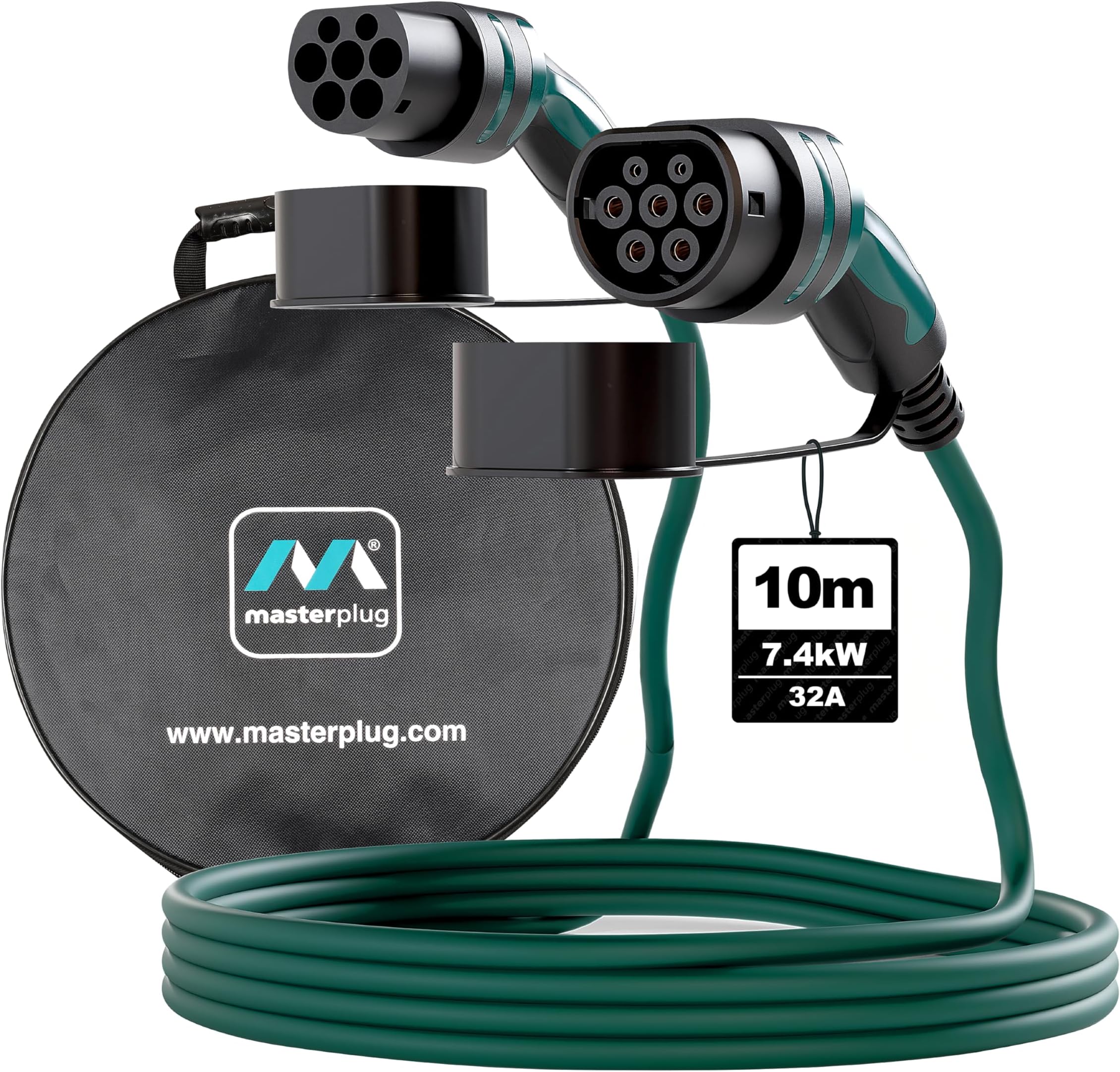 Mode 3 EV Fast Charging Cable with Carry Case, Electric and Plug-in Hybrid Vehicle Type 2 to Type 2 Charging Cable, Single Phase 10 Meter Cable, 7.4kW, 32A, EVC223210SL-CASE