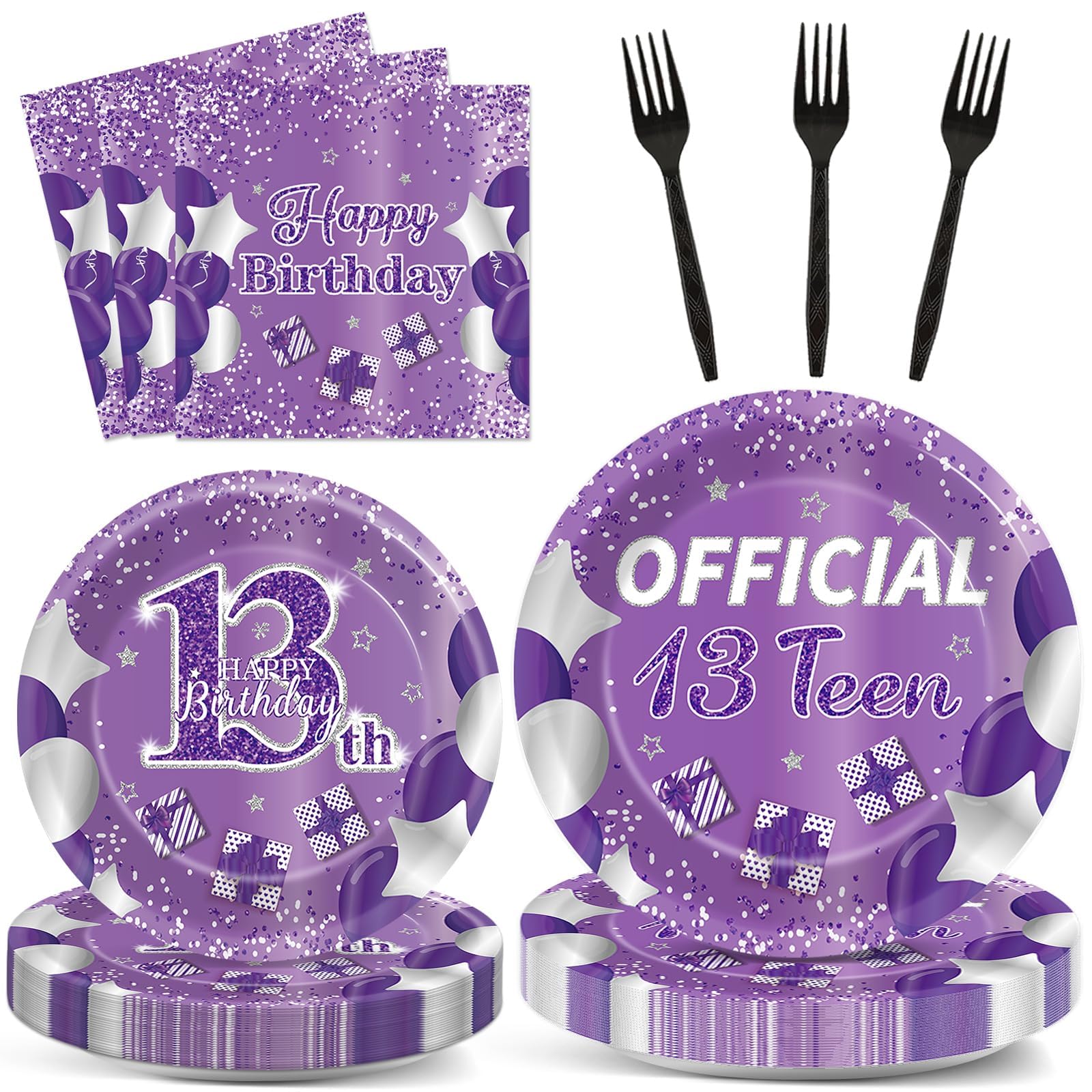 Qyeahkj 100 Pcs Purple Official Teen Birthday Decor 13th Birthday Plates Napkins Forks Set Disposable Official 13th Tableware Teenager Paper Plates