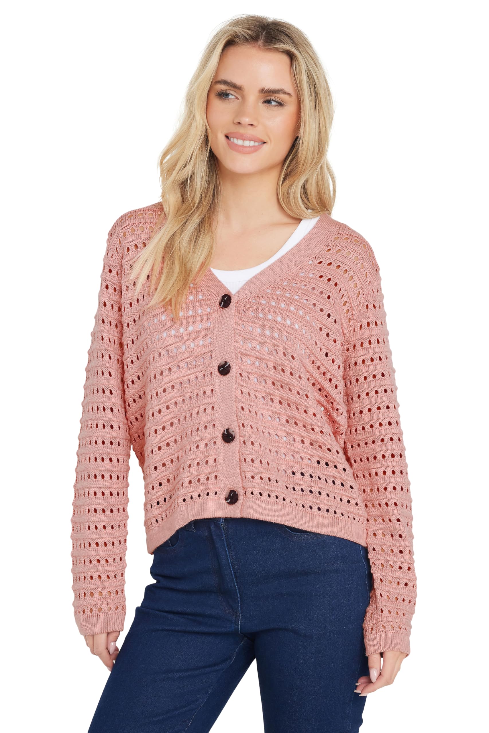 M&Co Women's Light Pink Petite Crochet Cardigan In Size 10-12