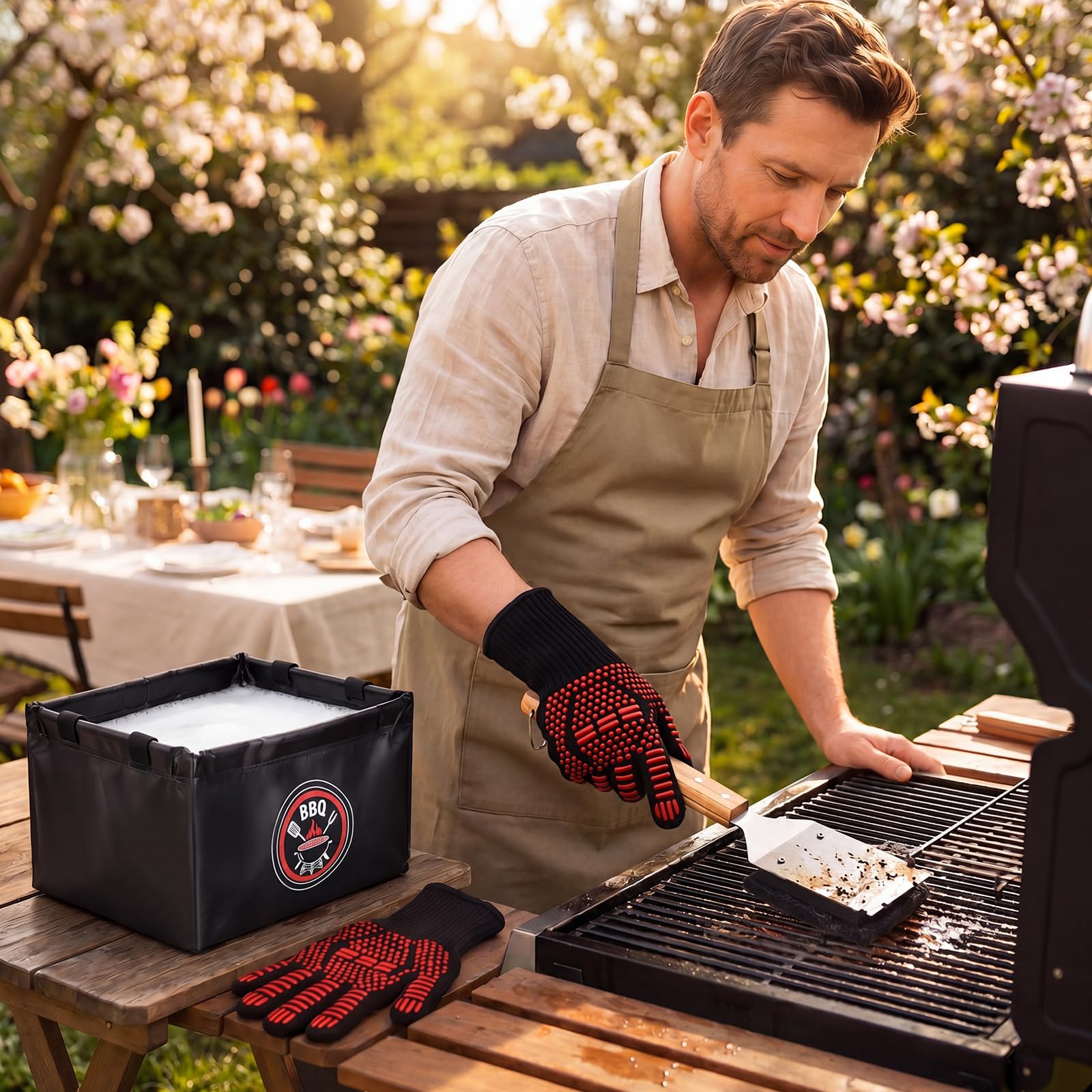 Sawysine Juego de 6 herramientas para barbacoa, cepillo de limpieza sin cerdas con 3 cabezales de repuesto, guantes resistentes al calor, cubo de agua plegable de 15 l para acampar al aire libre