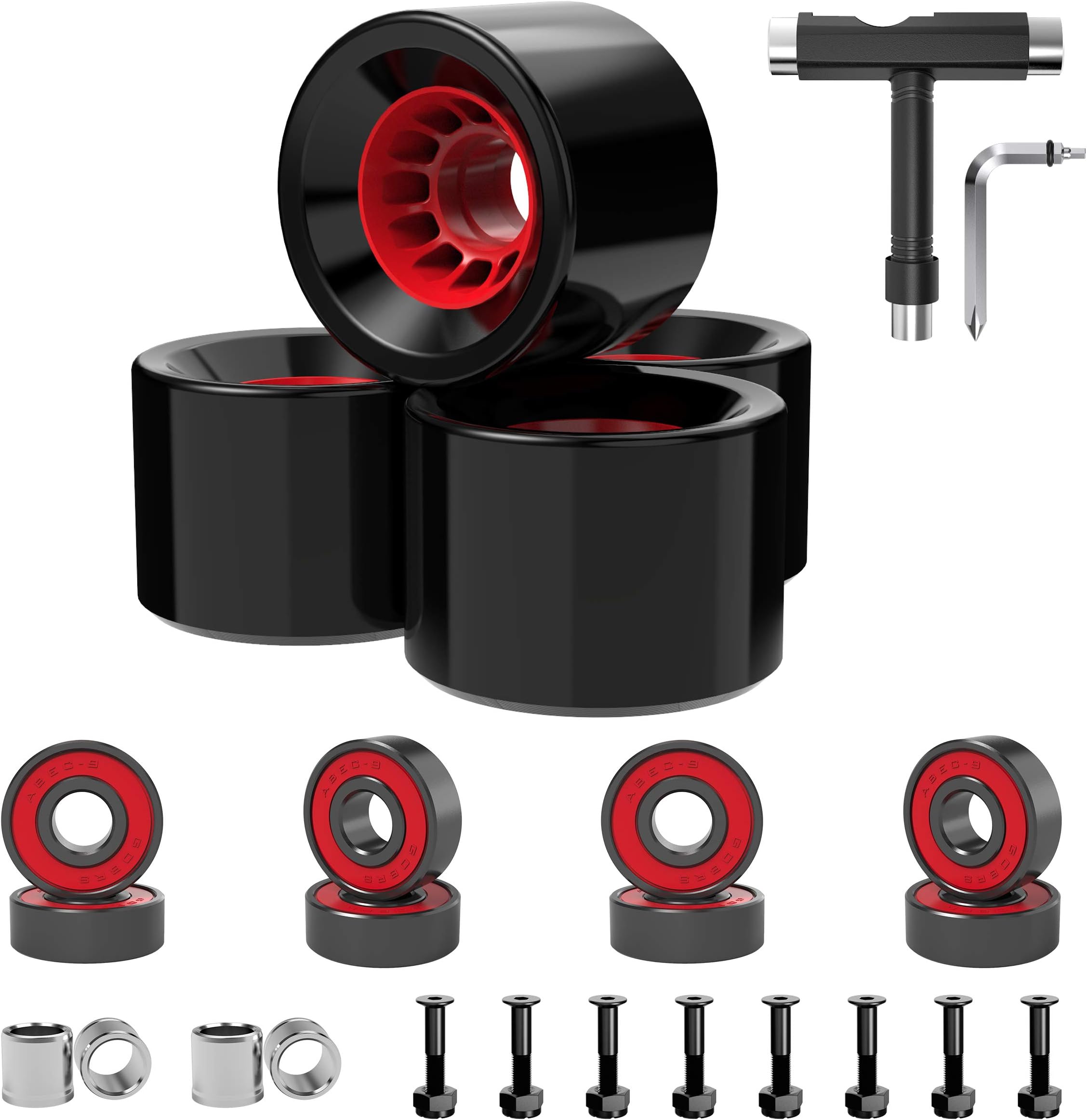 Skateboard Wheels 70mm 80a with Skateboard T Tool and ABEC-9 Bearings Spacers Cruiser Wheels