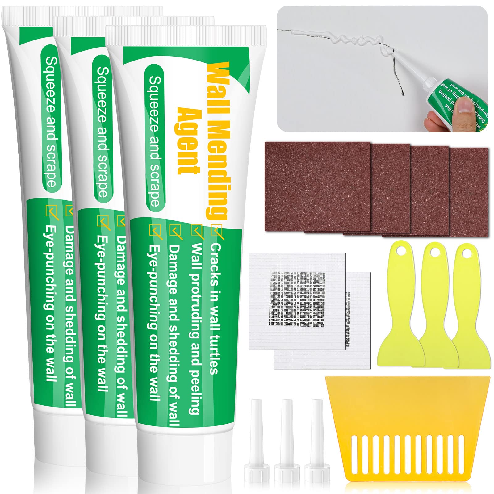 Drywall Repair Agent with Scraper, 3Pcs Drywall Repair Kit, Hole Filler Quick and Easy Solution with Mend Drywall Patch Kit for Home Wall Hole and Crack