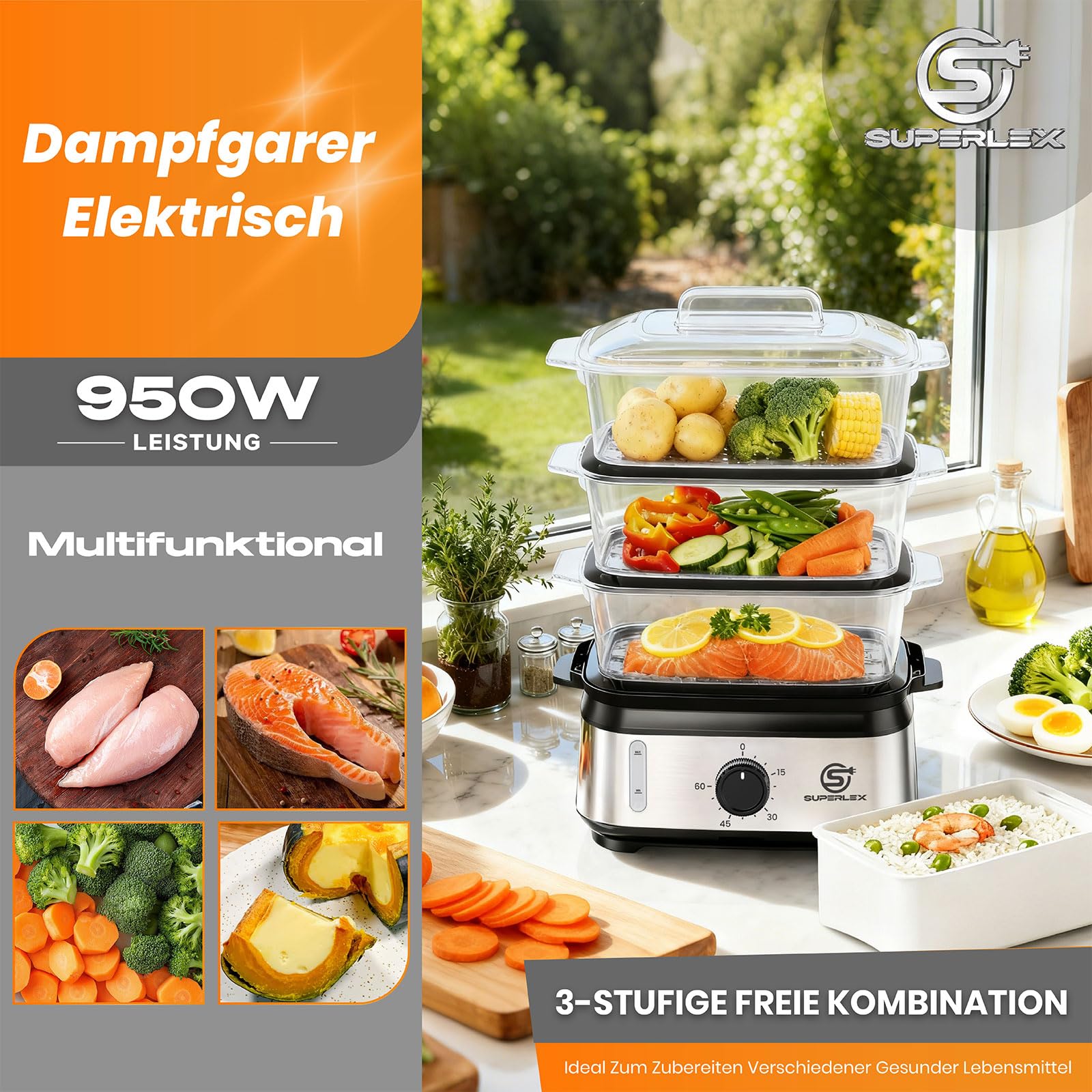 Dampfgarer Elektrisch 950W 3 Schichten 9L Edelstahl 60 Min Timer Antihaft Spülmaschinengeeignet