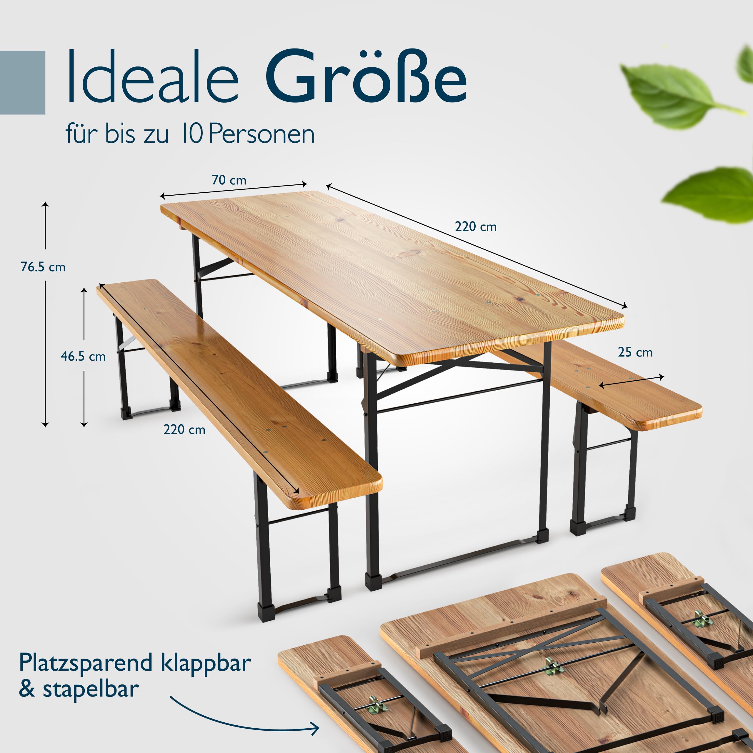Beautissu 3tlg Bierzeltgarnitur 220x70 cm Holz - 1x Biertischgarnitur & 2X Bierbank Biertisch Bierzeltgarnitur klappbar - Bierbankgarnitur Biergartengarnitur Festzeltgarnitur Campingtisch Outdoor