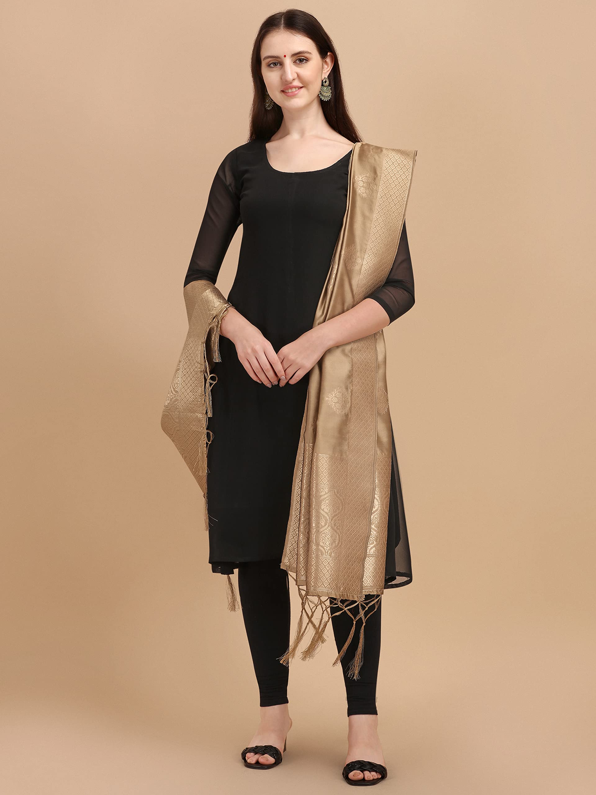 DEVANGI Women's Woven Banarasi Silk Zari Dupatta/Chunni, Width 1 Meter, Length 2.5 Meter (OM-DT-07-CHIKU) 1