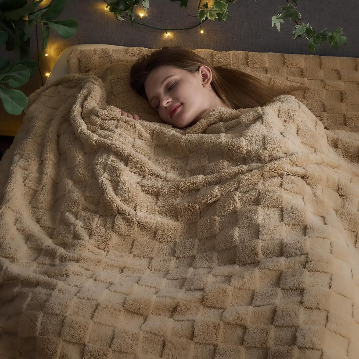 NEWCOSPLAY Super Soft Queen Blanket Brown Premium Silky Flannel Fleece 3D Checkered Lightweight Bed Blanket All Season Use (Brown Checkered, Queen(90"x90")) - Image 2