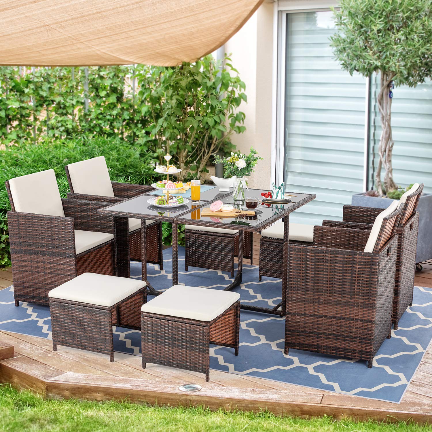 Vongrasig 9 Piece Small Patio Dining Set, Outdoor Space Saving PE