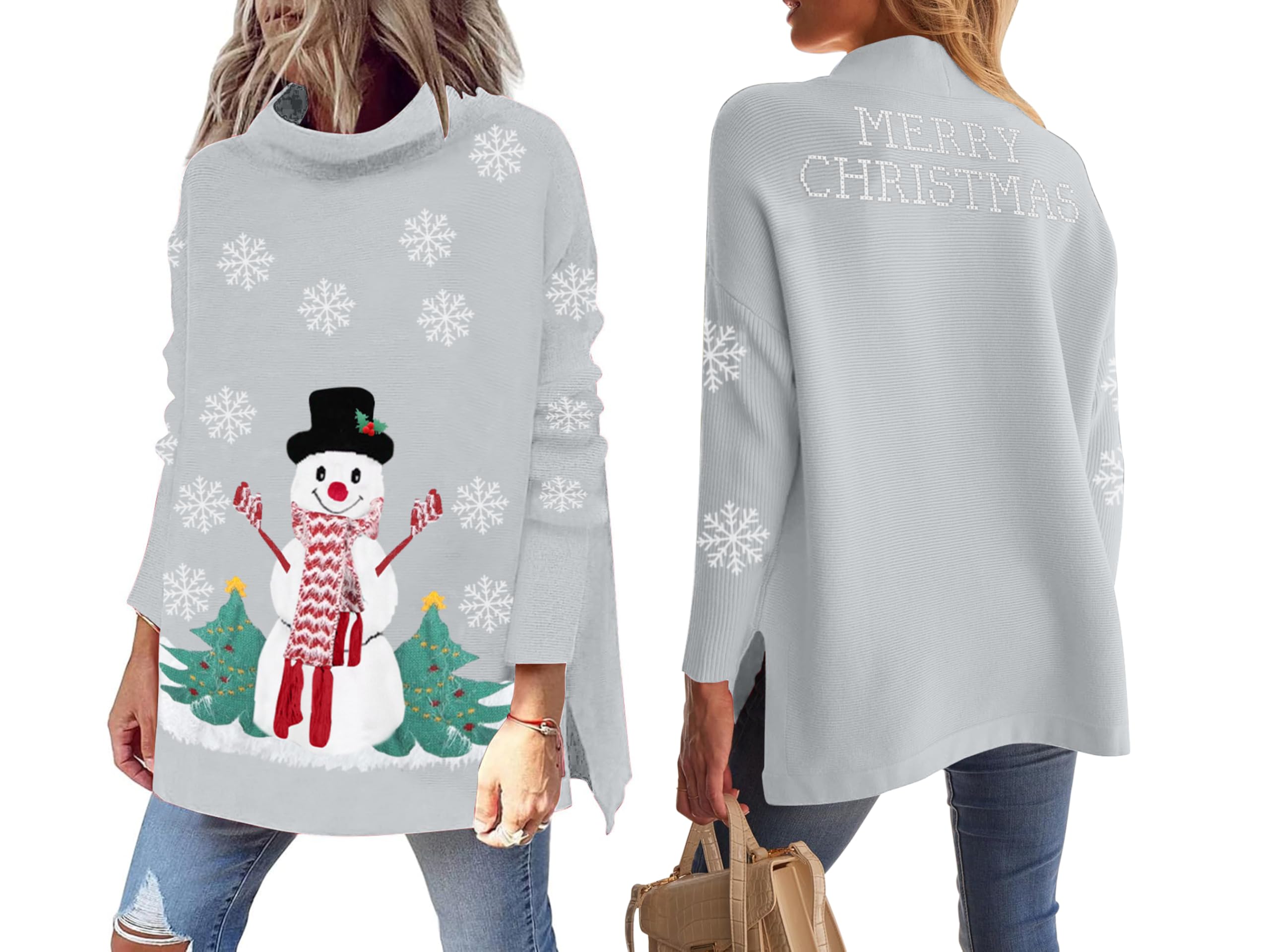 YI XIANG RAN Women's Ugly Christmas Graphic Sweater - Merry Christmas Knit Pullover Turtleneck Oversized Top