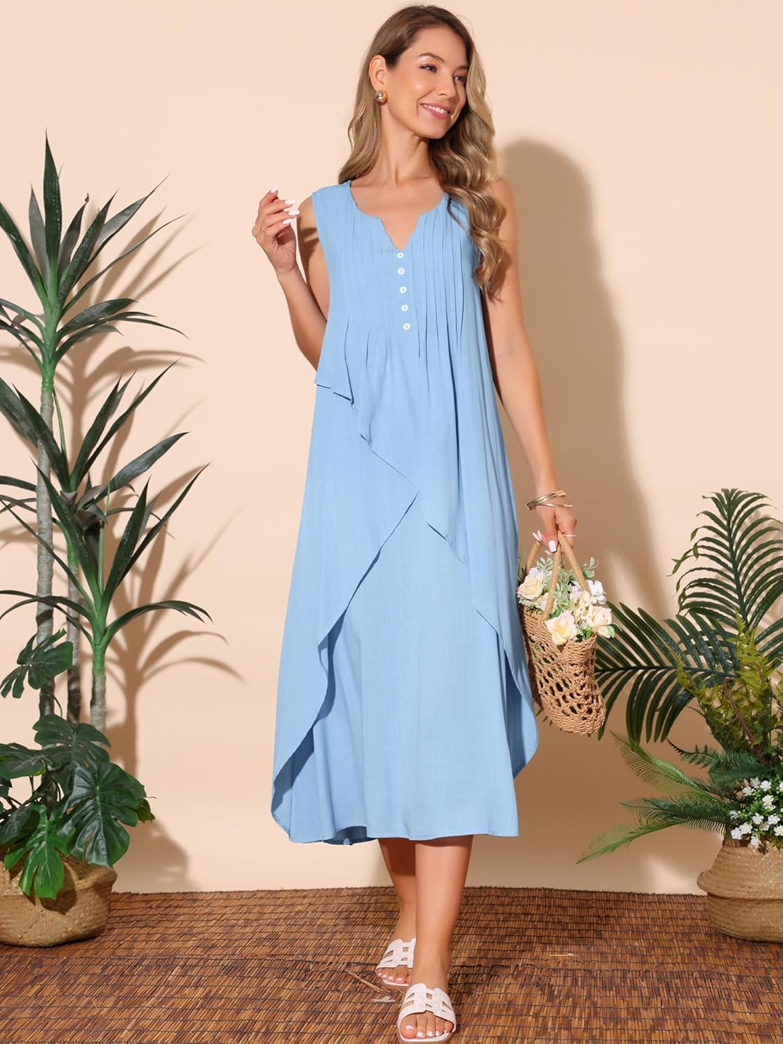 Seta T Women's Summer Ruffle Dresses Sleeveless V Neck Pleated Flowy Maxi Dress - Image 5