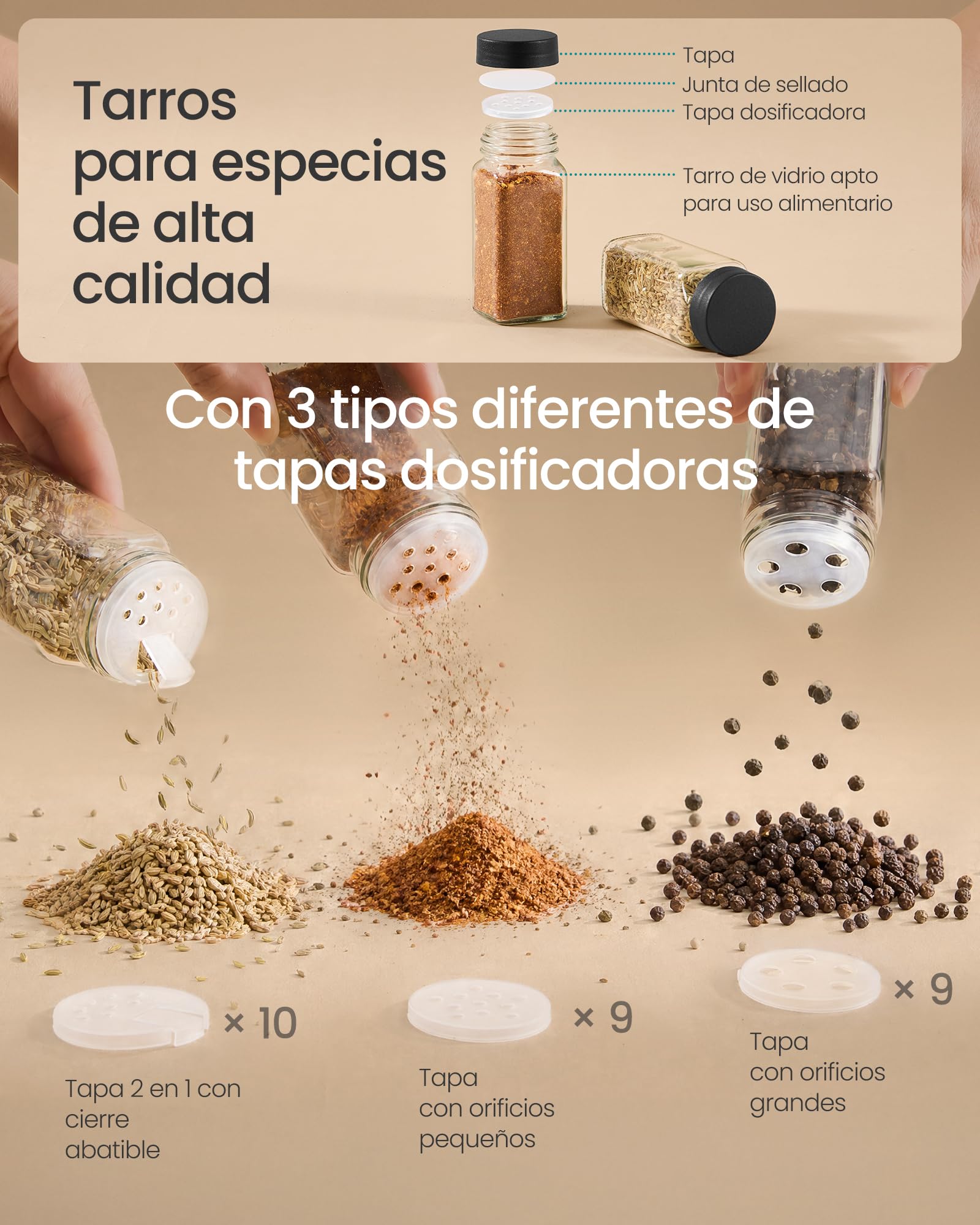 SONGMICS Especiero, Organizador de Especias de Bambú y Acero, Estante con 28 Botes de Cristal, 35 x 9 x 26 cm, Negro y Natural, para Pared y Encimera de Cocina Colección Bystro KCS064B101