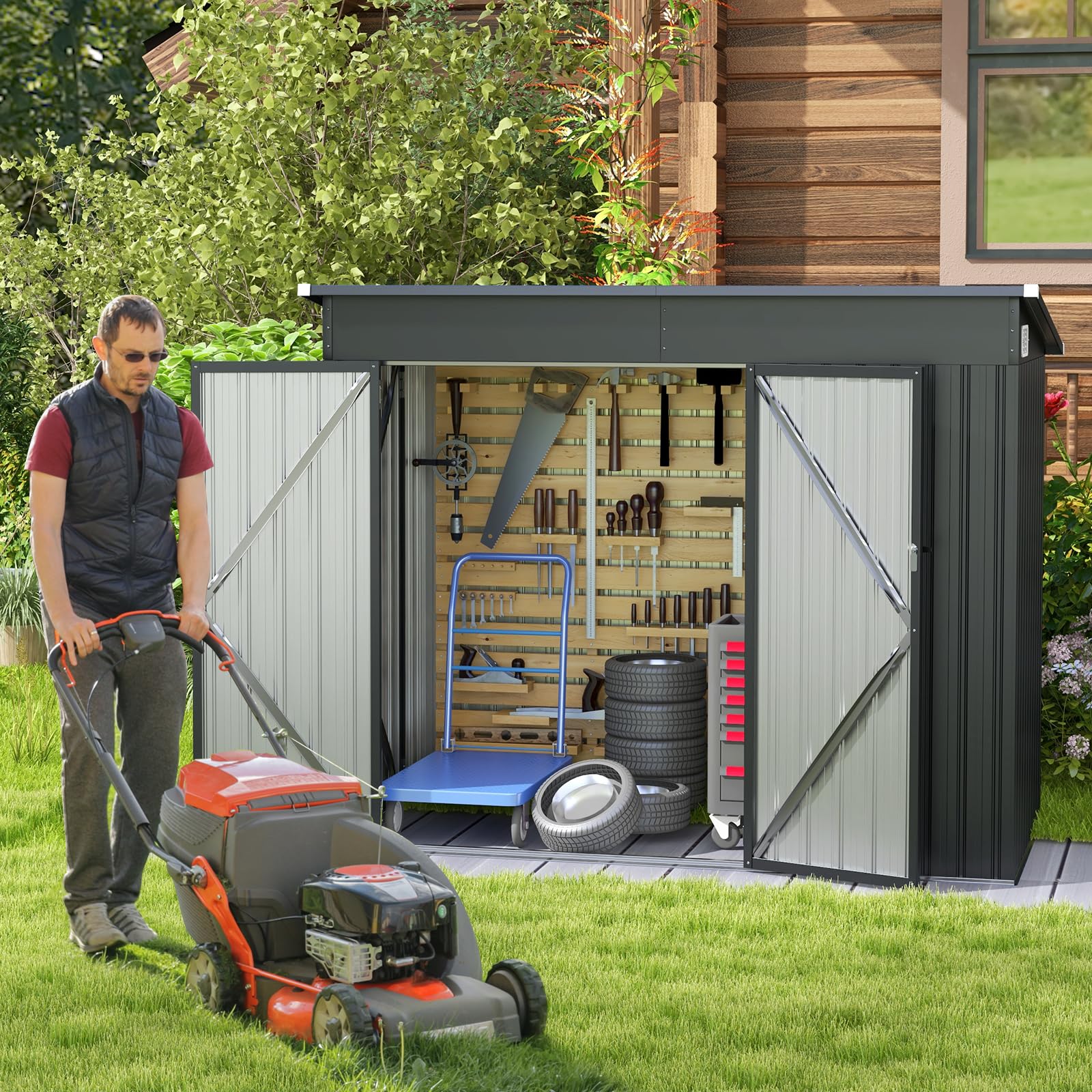 COSTWAY Gartenhaus Metall, 235 x 117 x 185 cm, Gerätehaus mit Vordertür & Seitentür & Pultdach, Geräteschuppen abschließbar, Gartenhütte Gartenschuppen, Garten Schuppen Outdoor (Dunkelgrau)
