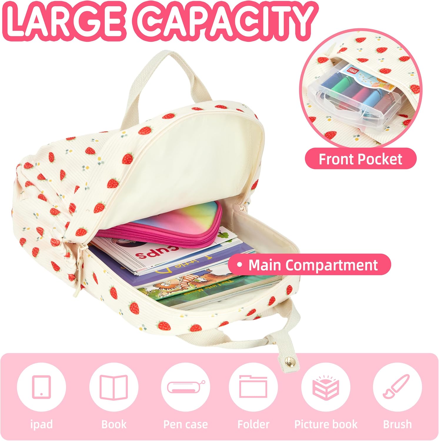 Mini Corduroy Backpack Bookbag School Bag for Toddlers Girls and Boys Preschool Daycare Kindergarten 13'' H Lightweight Fits for Folder(Strawberry Daisy-Beige Corduroy) - Image 6