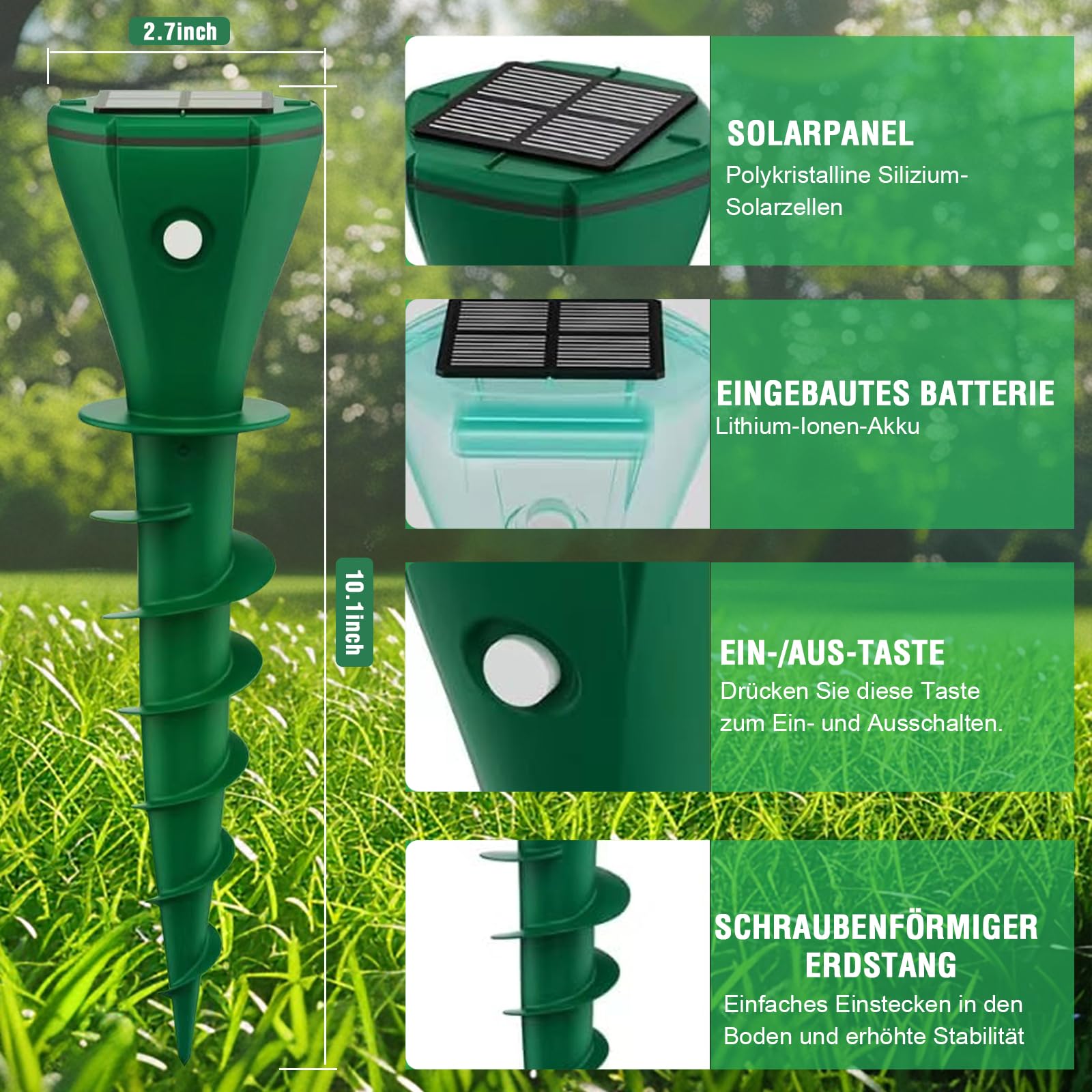 Maulwurf Vertreiber Solar, 2 Stück Wühlmausschreck Maulwurfschreck für Vertreibung von Maulwürfen, Erdhörnchen, Wühlmäusen aus Gärten, Wasserdicht IP65-Grün