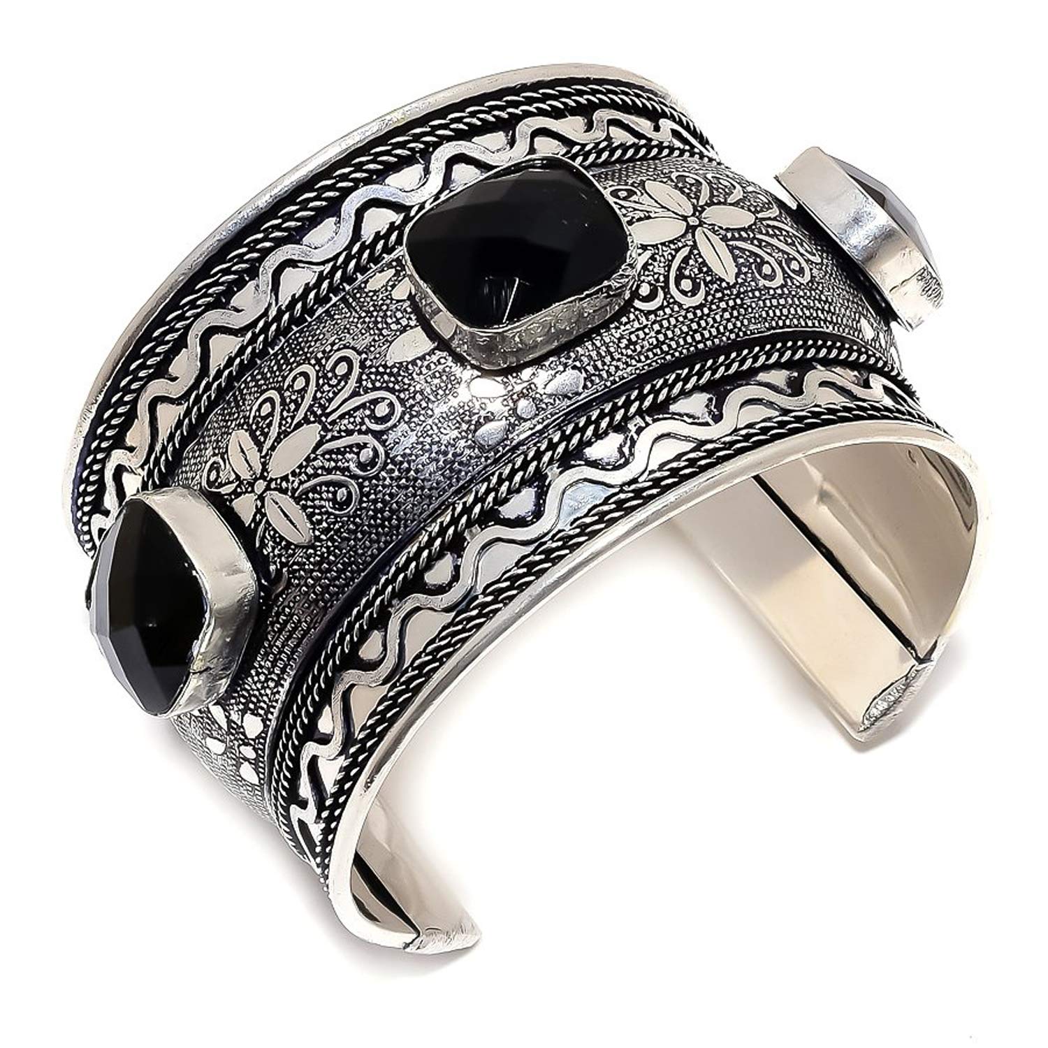 Black Onyx Gemstone Ethnic Style 925Sterling Silver Cuff Bracelet Adst. OP-2062