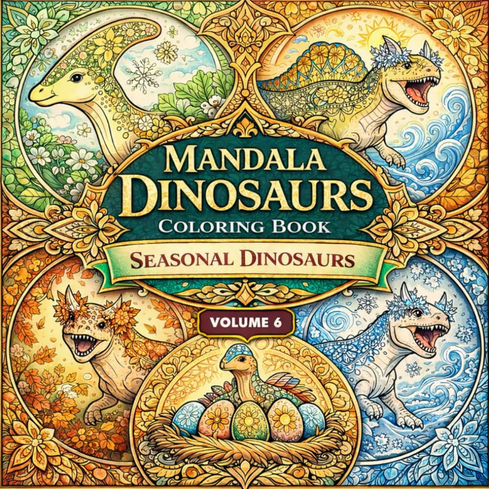 Mandala Dinosaurs Coloring Book – Volume 6: Seasonal Dinosaurs: Spring, Summer, Autumn & Winter Dinosaur Mandala Designs | 45 Intricate Prehistoric ... Relaxation, Stress Relief & Creative Coloring