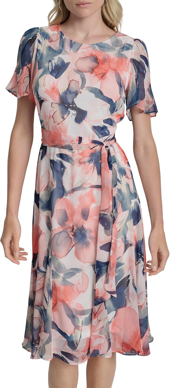 DKNY Womens Flutter Sleeve Round Neck Waist Tie Midi Dress