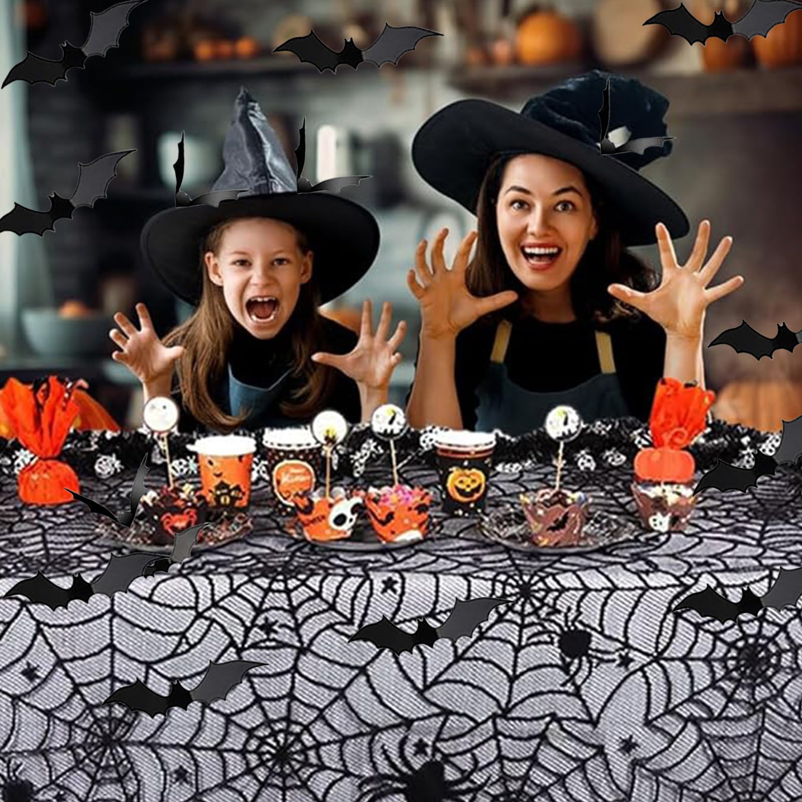137*183cm Halloween Party Tablecloth Decoration with Bats Wall Sticker DIY 3D Decorative Bats 16 Pieces,Halloween Spider Web Table cloth for Halloween Decor Outdoor Yard Party House Props Decor - Image 4