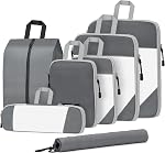 SYCARON Compression Packing Cubes for Travel, 7 Piece Travel Packing Organizers Bags Mesh Expandable Luggage Organizer Cubes for Carry on Luggage with Laundry Bag, Shoes Bag, Underwear Bag, Grey