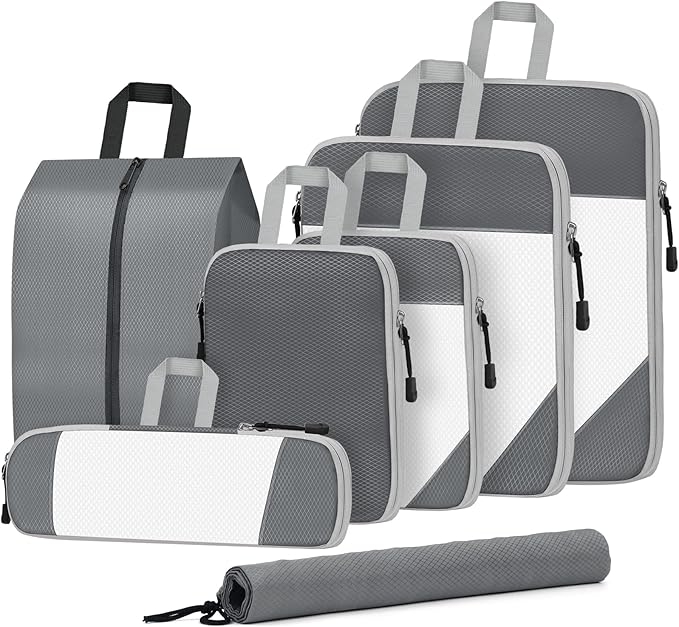 SYCARON Compression Packing Cubes for Travel, 7 Piece Travel Packing Organizers Bags Mesh Expandable Luggage Organizer Cubes for Carry on Luggage with Laundry Bag, Shoes Bag, Underwear Bag, Grey