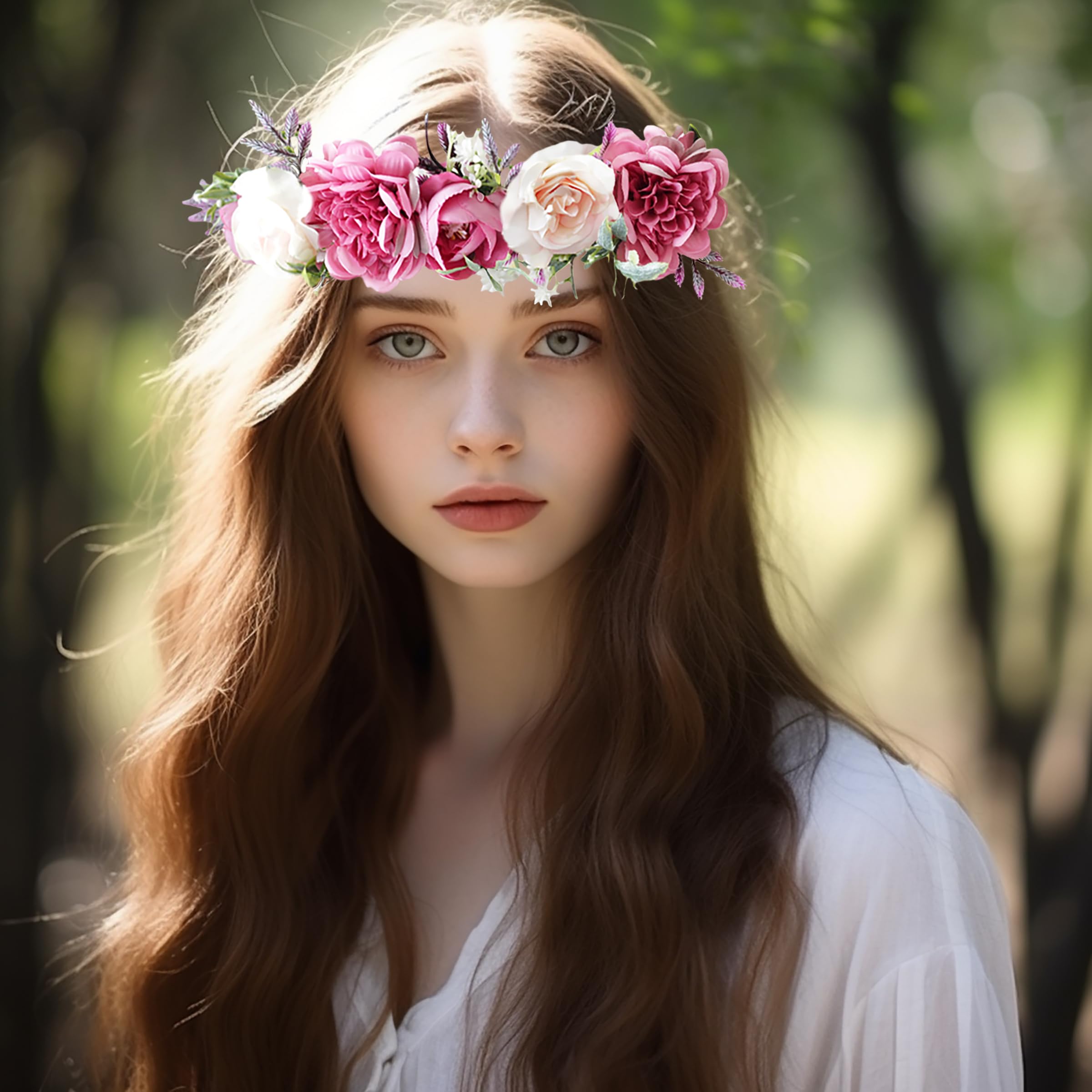 Brikuinr Floral Halo Crown Wreath Flower Wreath Headband Hair Wreath Floral Headpiece Boho with Ribbon Wedding Party Festival - Image 2