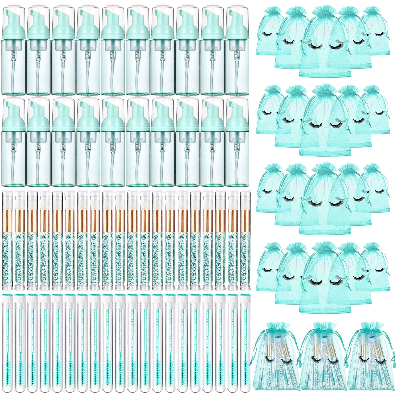 Zhehao 80 Pcs Lash Shampoo Bottle Brushes Kit 20 Foam Pump Dispensers 20 Lash Shampoo Brushes 20 Eyelash Aftercare Bag 20 Cleaning Pipes, Eyelash