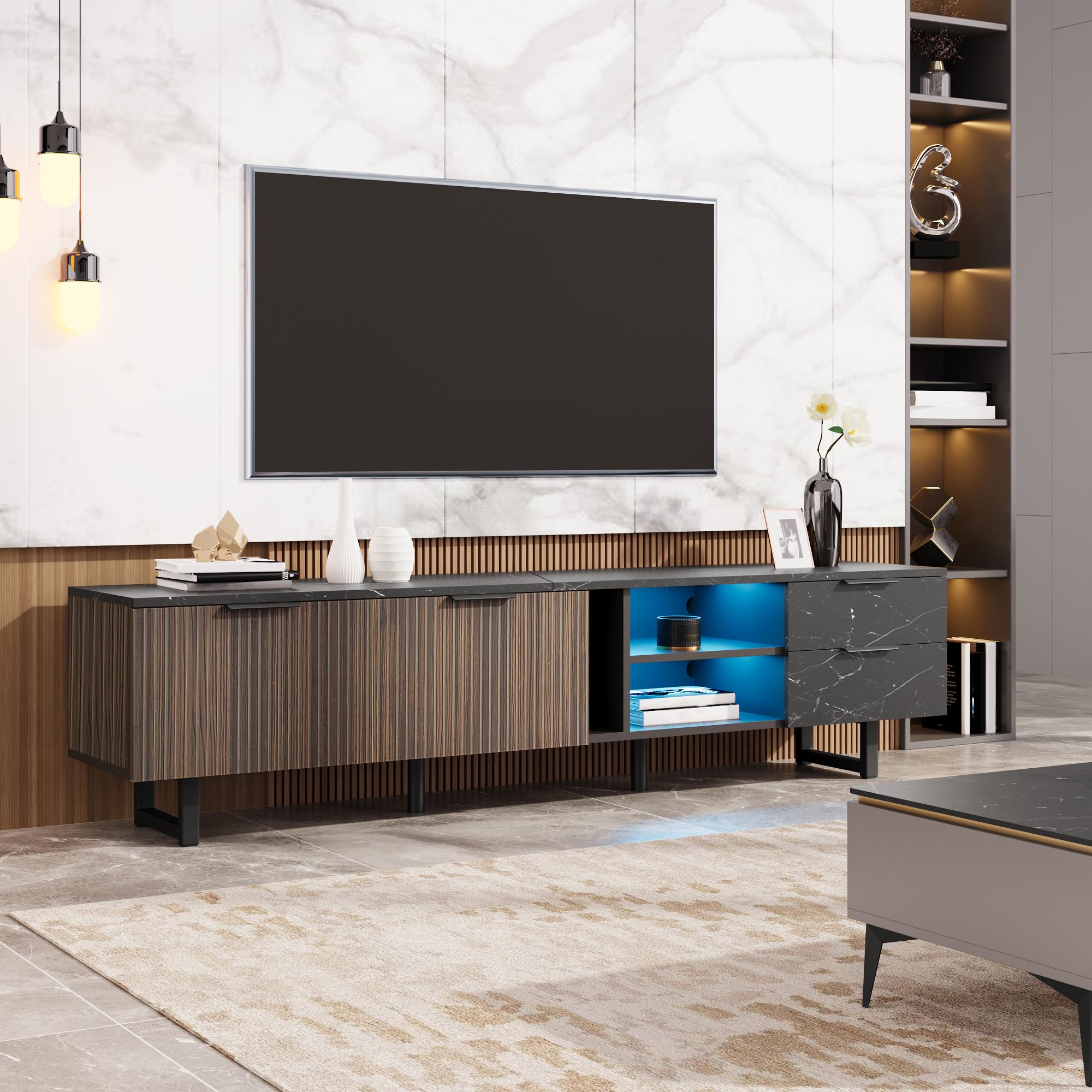 Mobile TV da 200 cm con effetto marmo nero e ante in venatura di legno, illuminazione a LED, due ante, due cassetti, ampio spazio di archiviazione, ideale per soggiorno e arredamento moderno