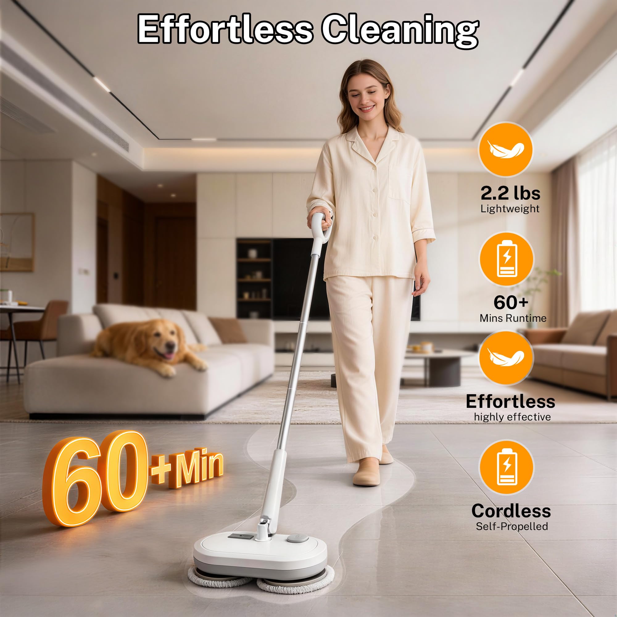 Mopa giratoria eléctrica inalámbrica con motor de alta velocidad de 220 RPM para suelos laminados de azulejos de madera dura y vinilo con 4 almohadillas grises y 2 almohadillas para fregar