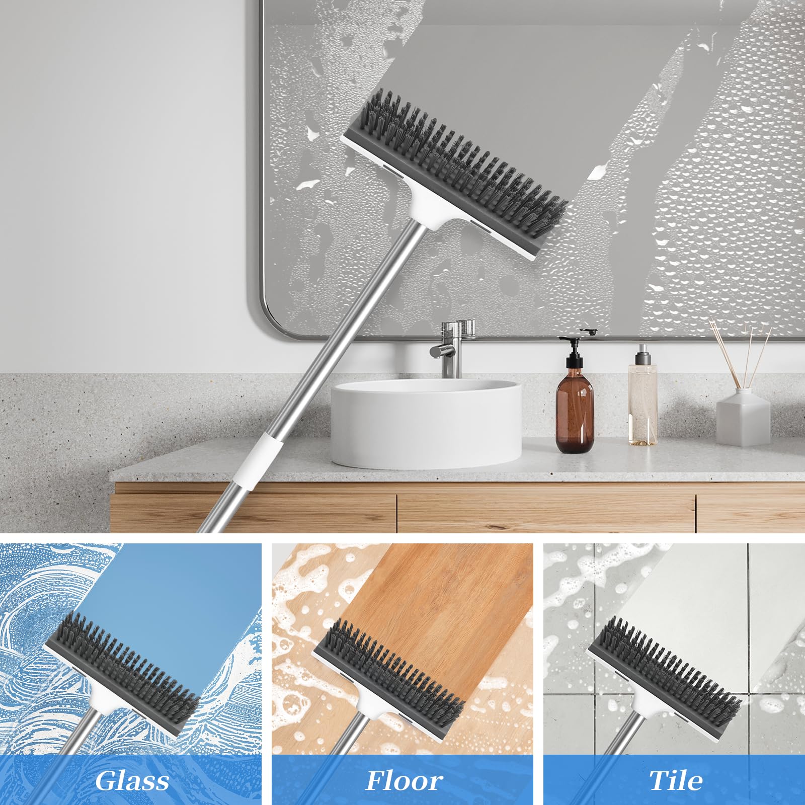 Newthinking Stainless Steel Long Handle Scrubbing Brush, 2In1 Multi-Functional Floor Scrub Brush With Long Handle And Water Wiper For Bathroom Indoor Floor, 43Inch 4