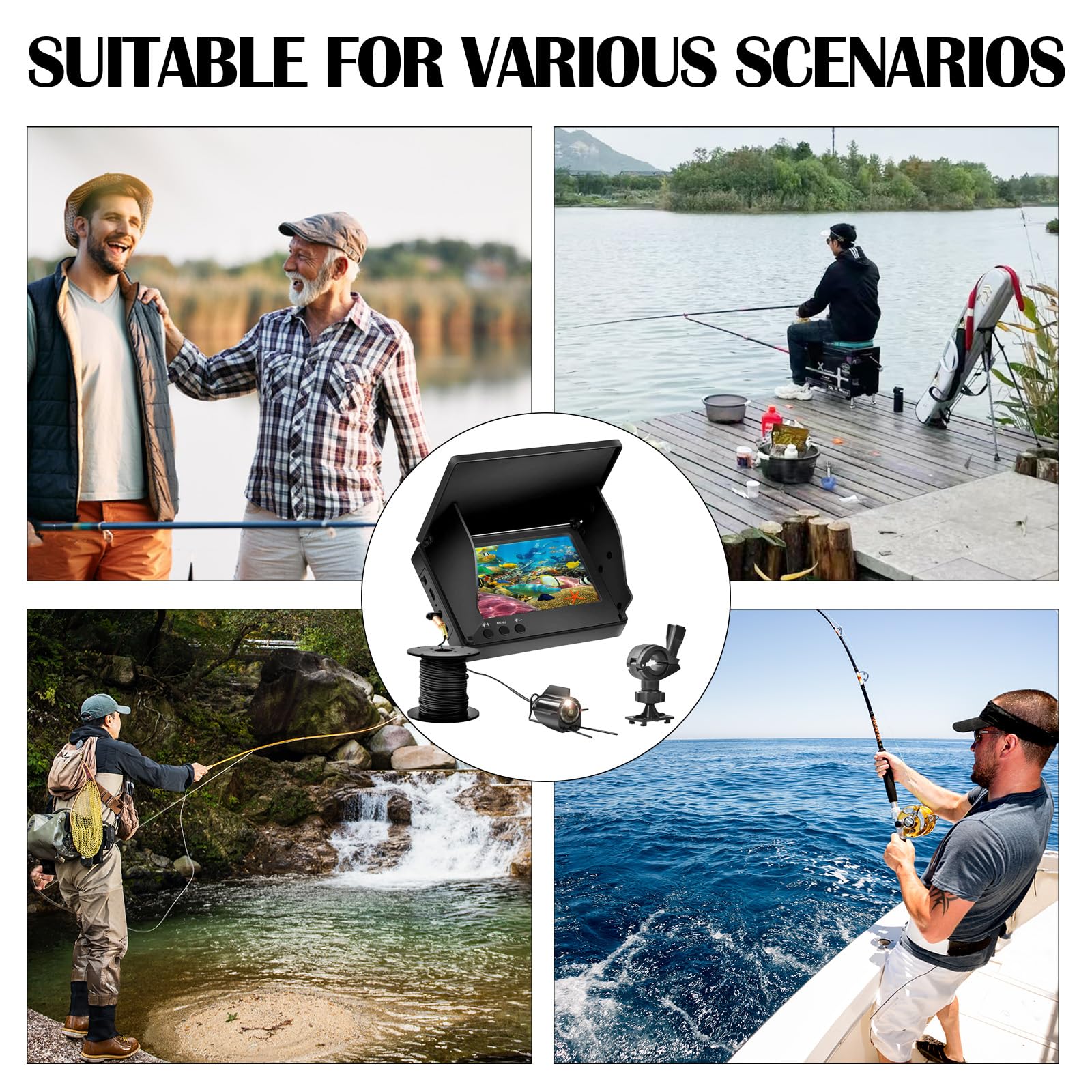Telecamera Subacquea Pesca, Ecoscandaglio da Pesca Impermeabile IP65 Fish Finder con 5" IPS Display 8000mAh Batteria 30m Cavo 220° Visione Notturna Grandangolare per Pesca in Mare Pesca su Ghiaccio